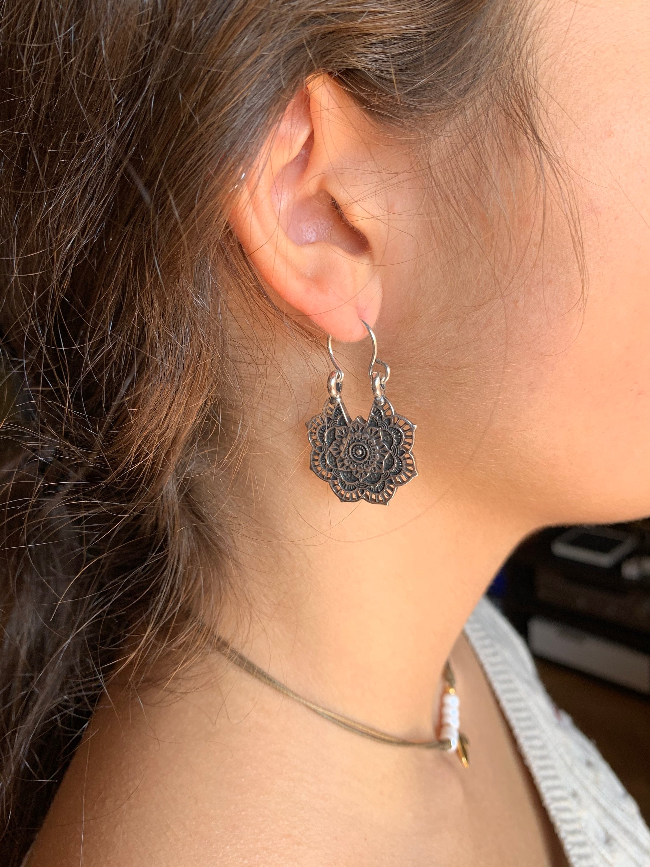 silver carved dangle earrings, mandala earrings, chunky earrings, ethnic tribal boho earrings, hippie earrings, drop earring, long earrings