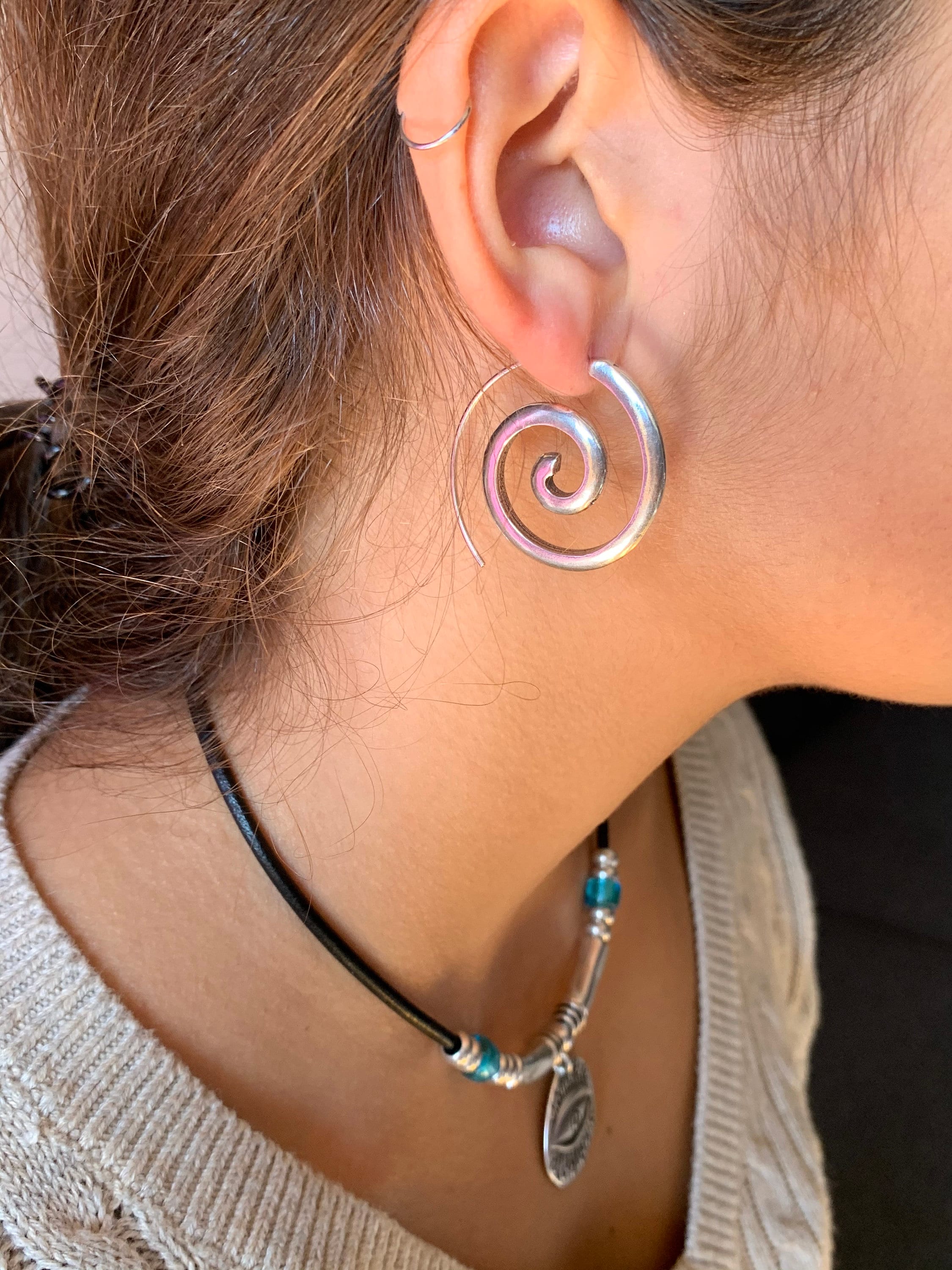 Boho earrings, Silver spiral earrings, statement earrings, ethnic earrings, silver turned earrings, punk earrings, men silver earrings,