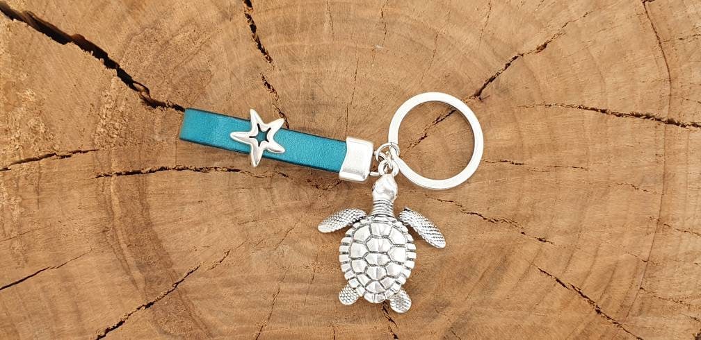 Keychain, leather keychain, beach house keychain, original keychain, funny keychain, turtle keychain,  style keychain