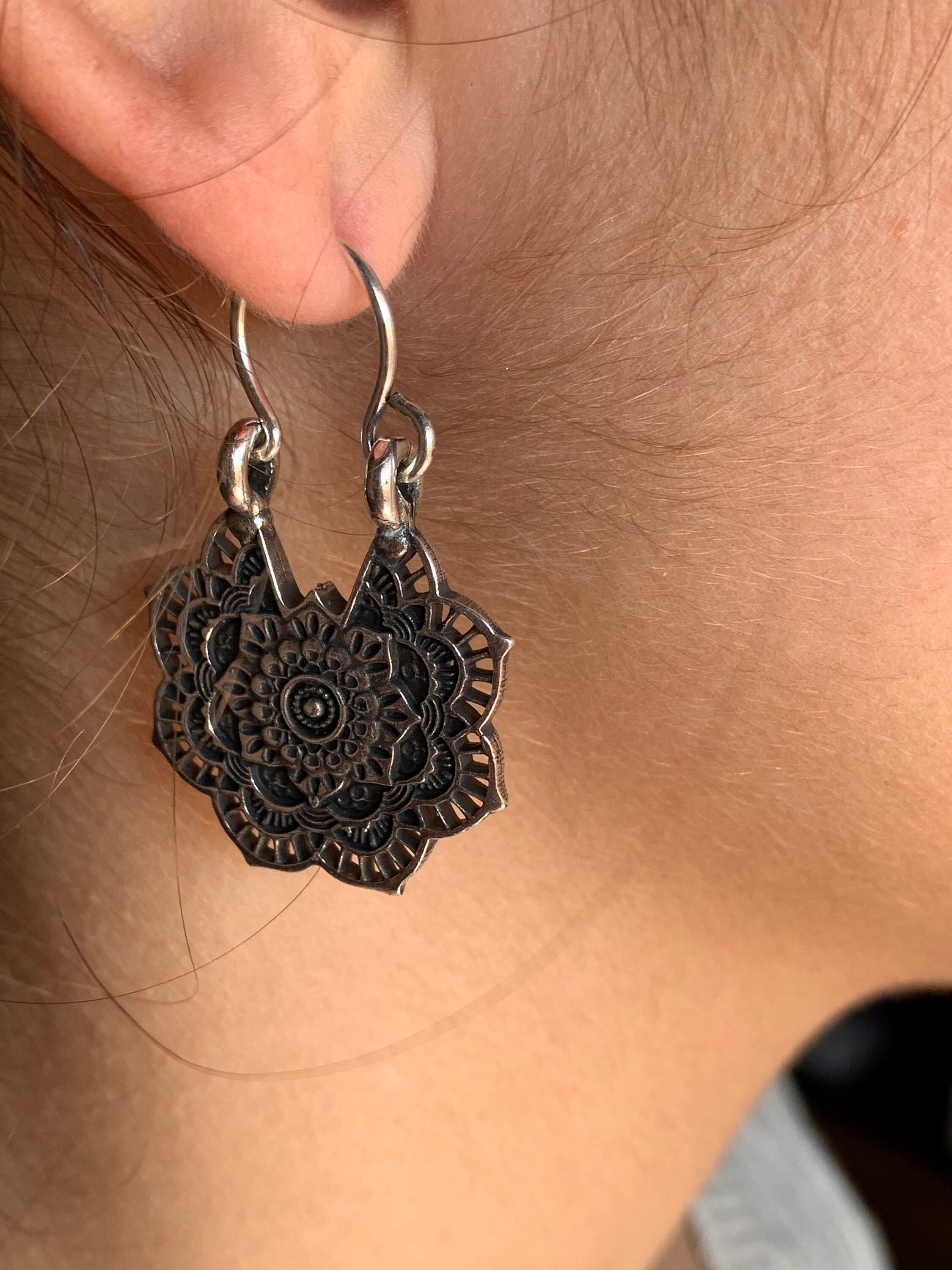 silver carved dangle earrings, mandala earrings, chunky earrings, ethnic tribal boho earrings, hippie earrings, drop earring, long earrings