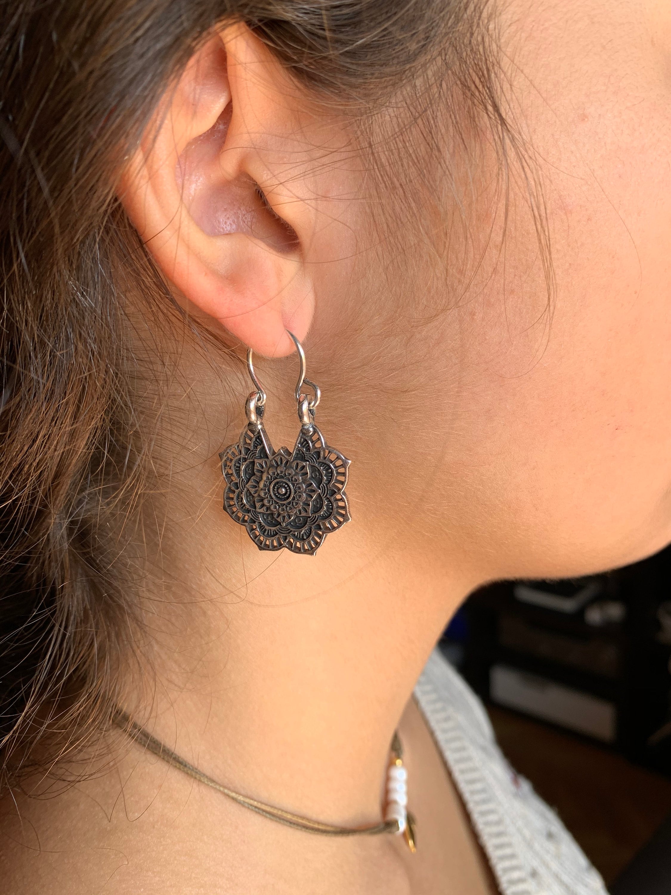 silver carved dangle earrings, mandala earrings, chunky earrings, ethnic tribal boho earrings, hippie earrings, drop earring, long earrings