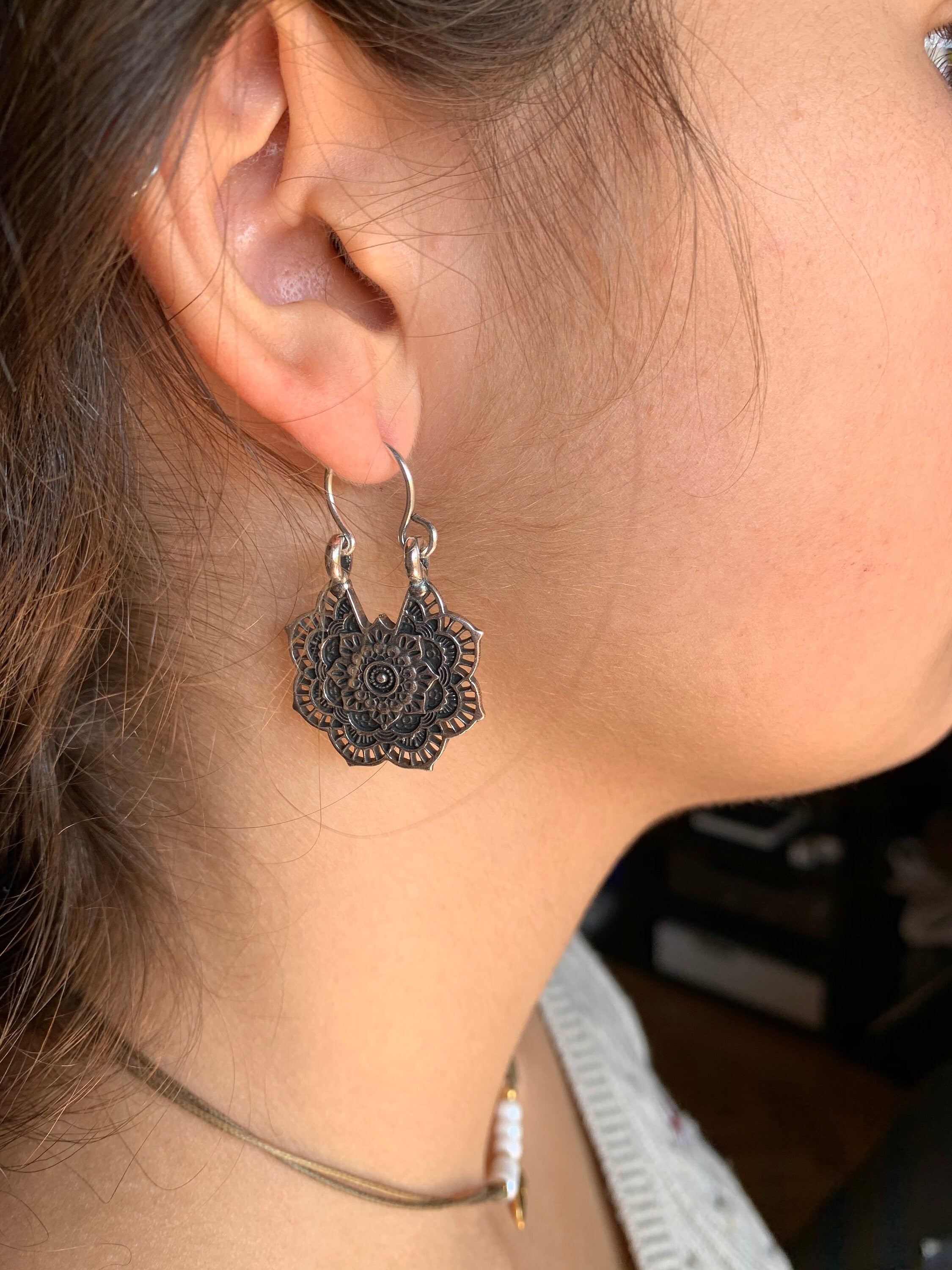 silver carved dangle earrings, mandala earrings, chunky earrings, ethnic tribal boho earrings, hippie earrings, drop earring, long earrings