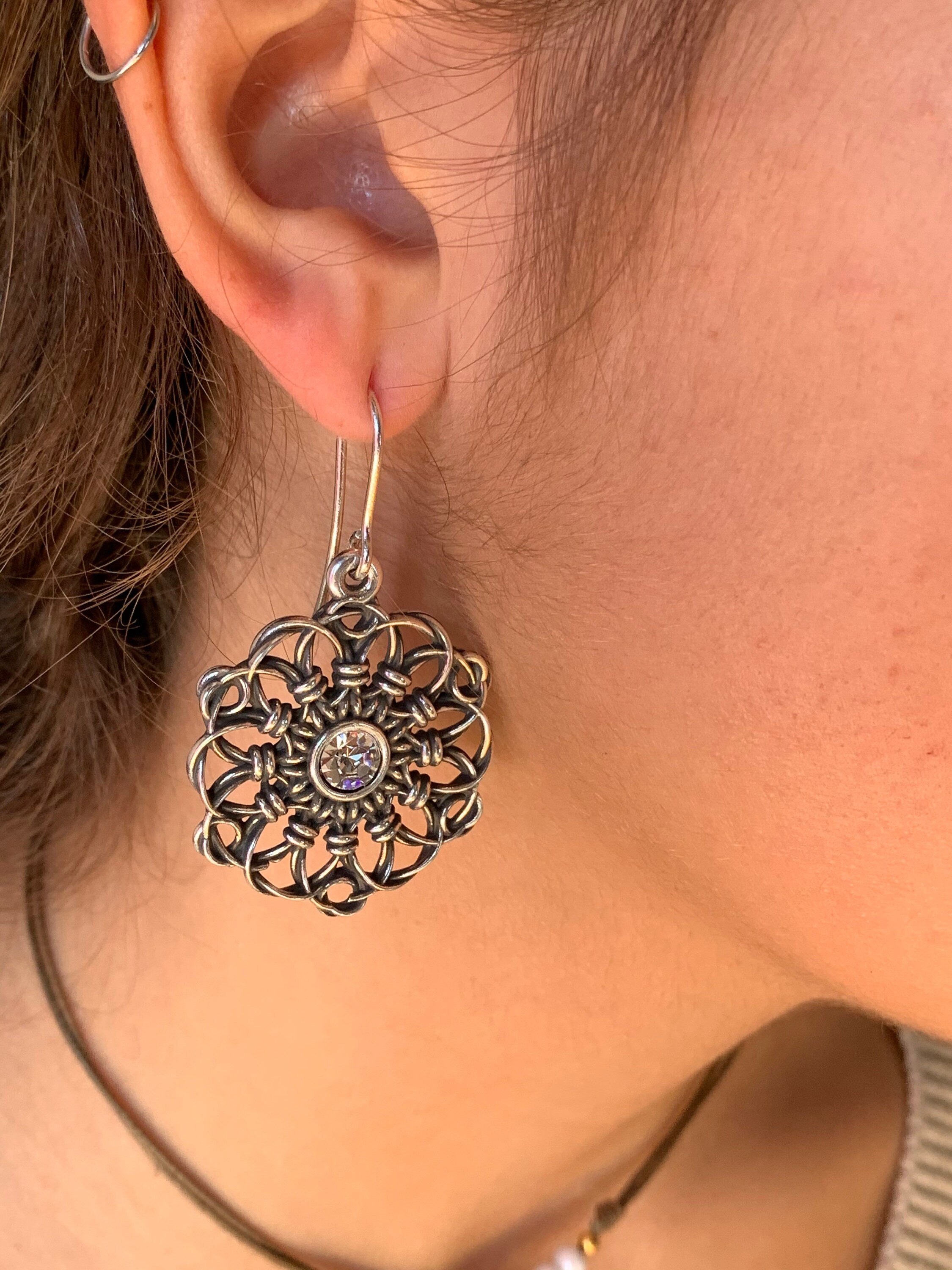 Silver carved silver earrings, mandala earrings, dangle earrings, ethnic tribal boho earrings, hippie earrings, drop earring, long earrings