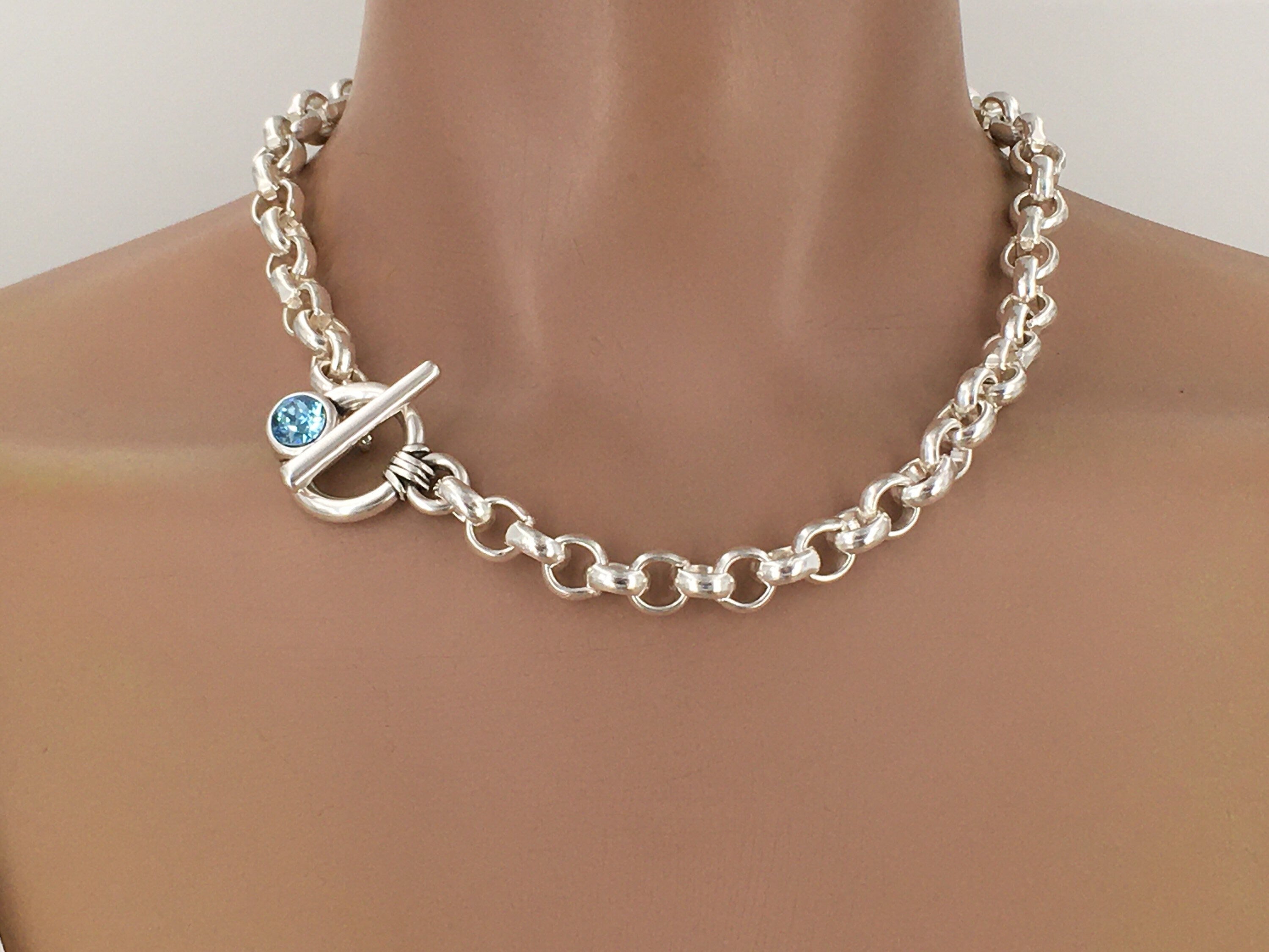 silver chunky necklace, rolo chain necklace with toggle clasp and swarovski crystal, silver chunky necklace, thick links silver chain choker