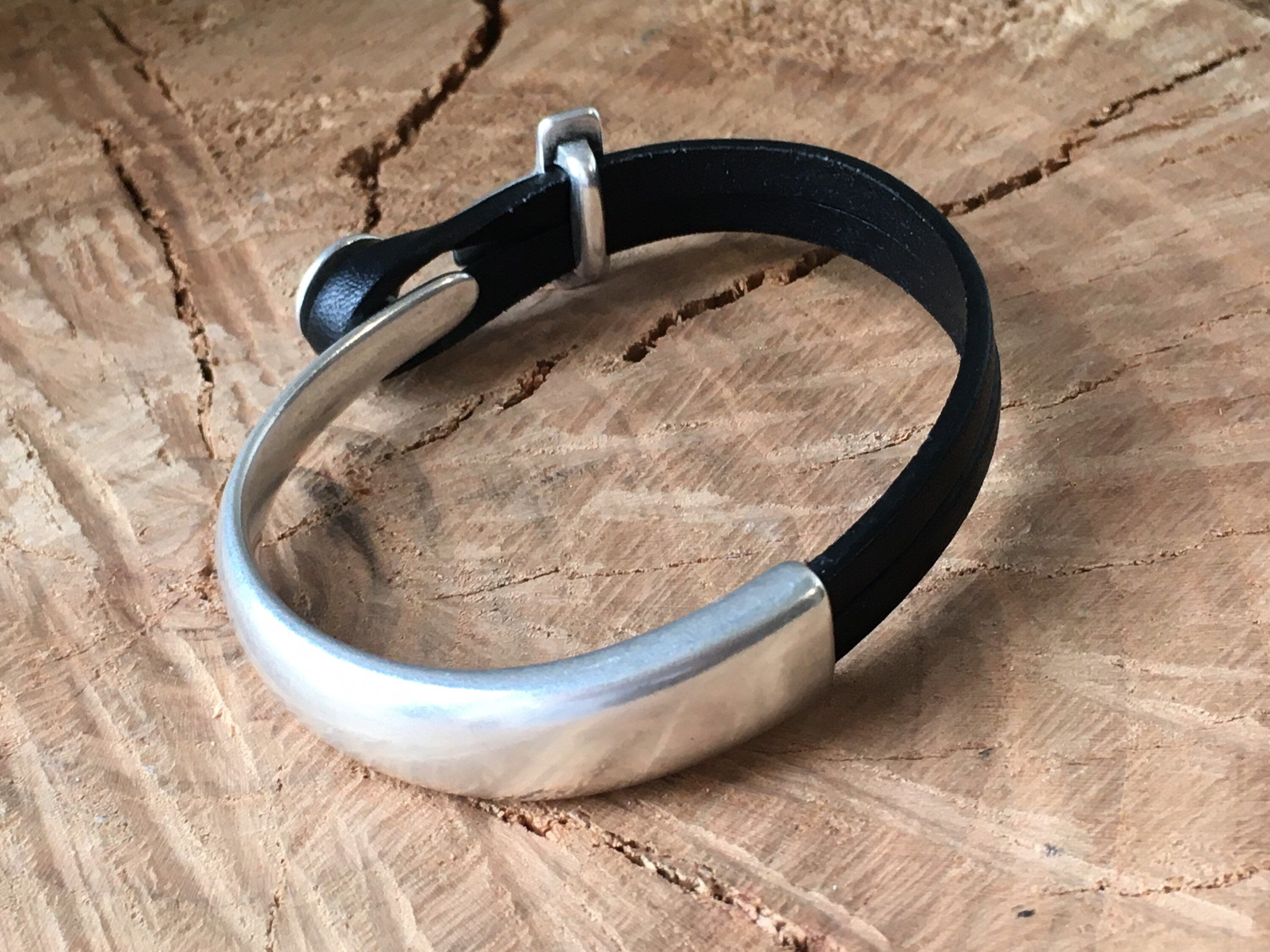 Masculine silver and leather half cuff bracelet, leather men bracelet, rock style men bracelet, leather bracelet for him, men gift, bracelet