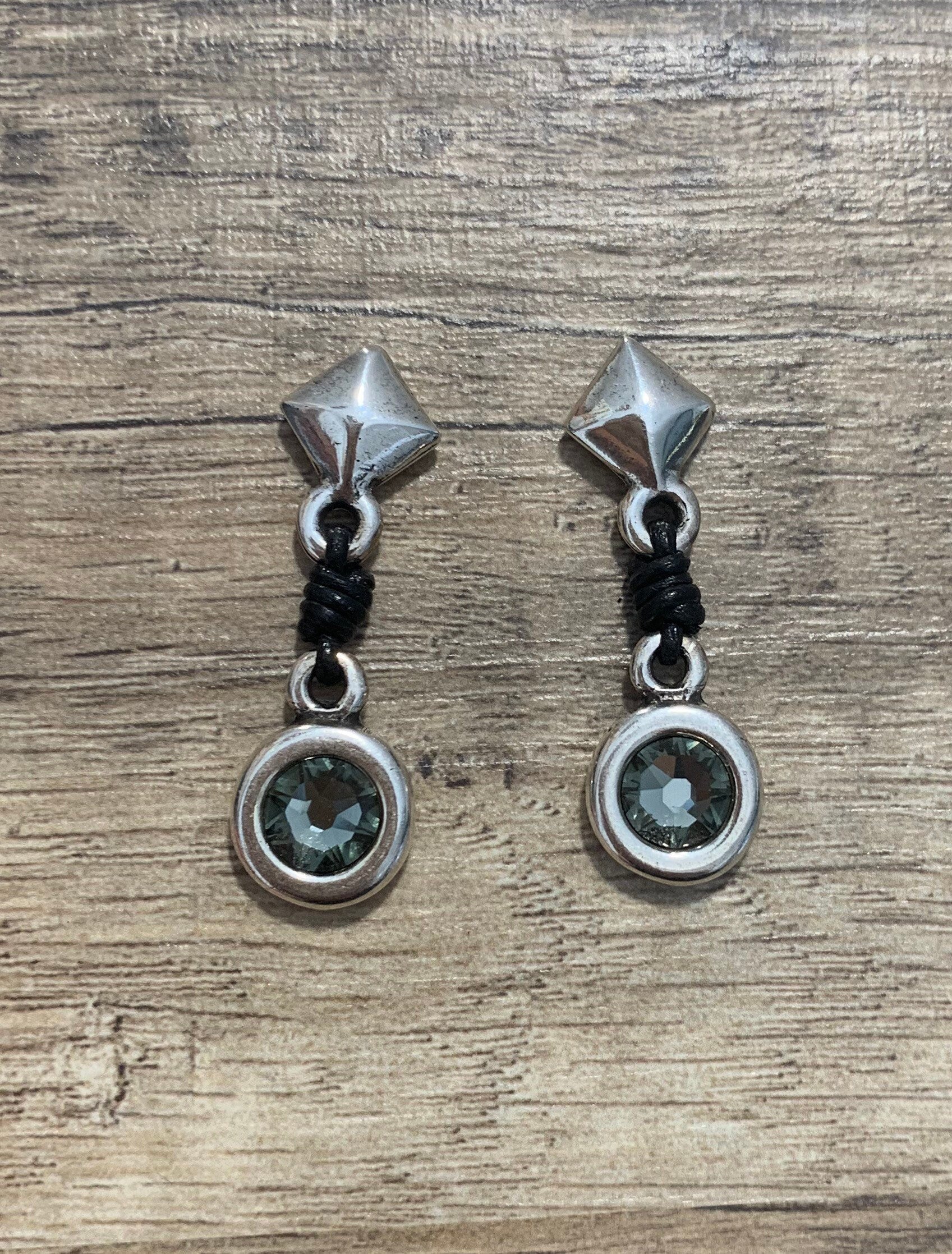 Drop silver leather and Swarovski crystal earrings, striking silver and shiny earrings, colorful bohemian earrings, handmade earrings,