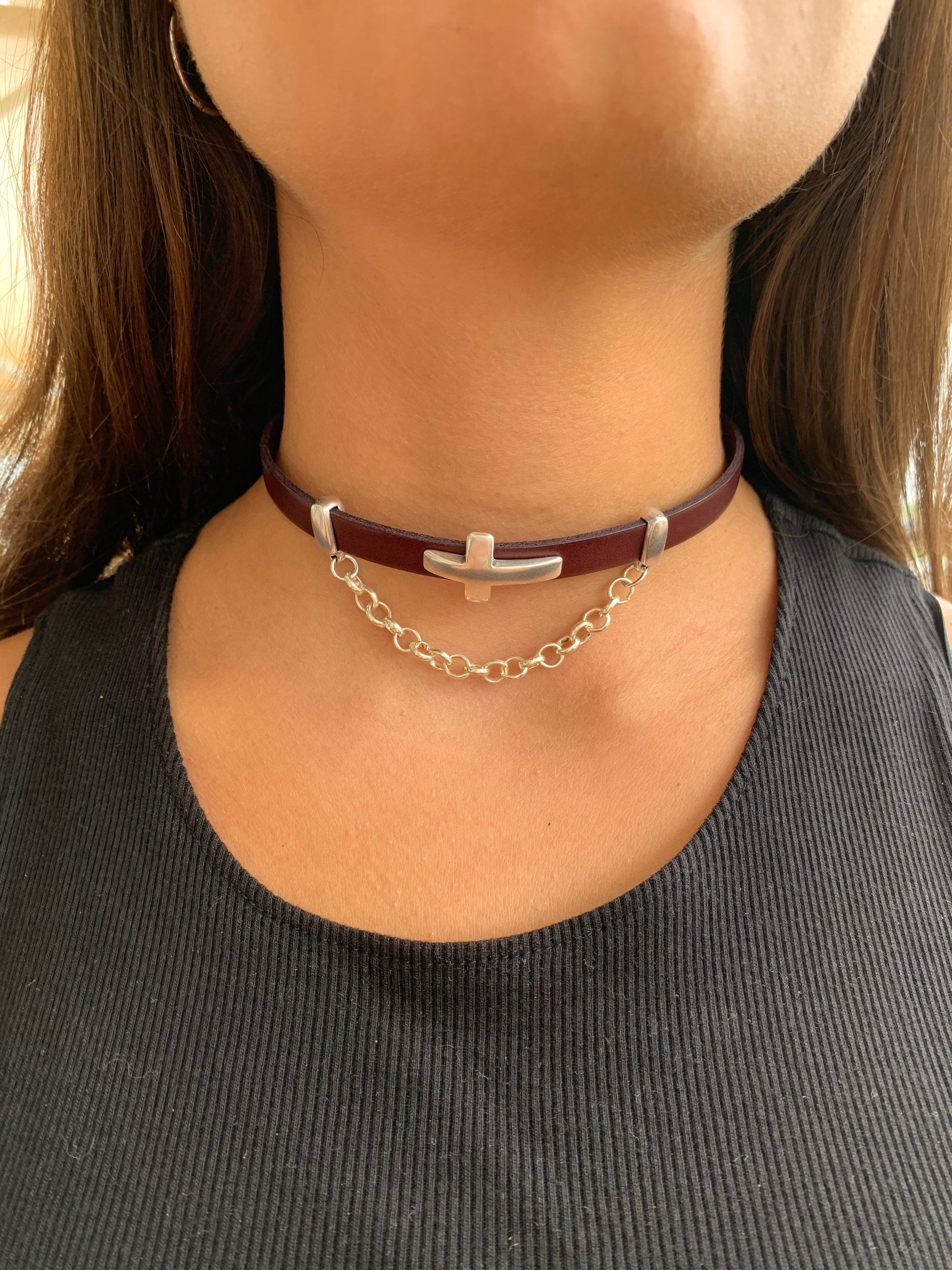 cross necklace, leather necklace, punk necklace, rock style necklace, boho necklace, flat leather necklace, chunky choker, wrap necklace,