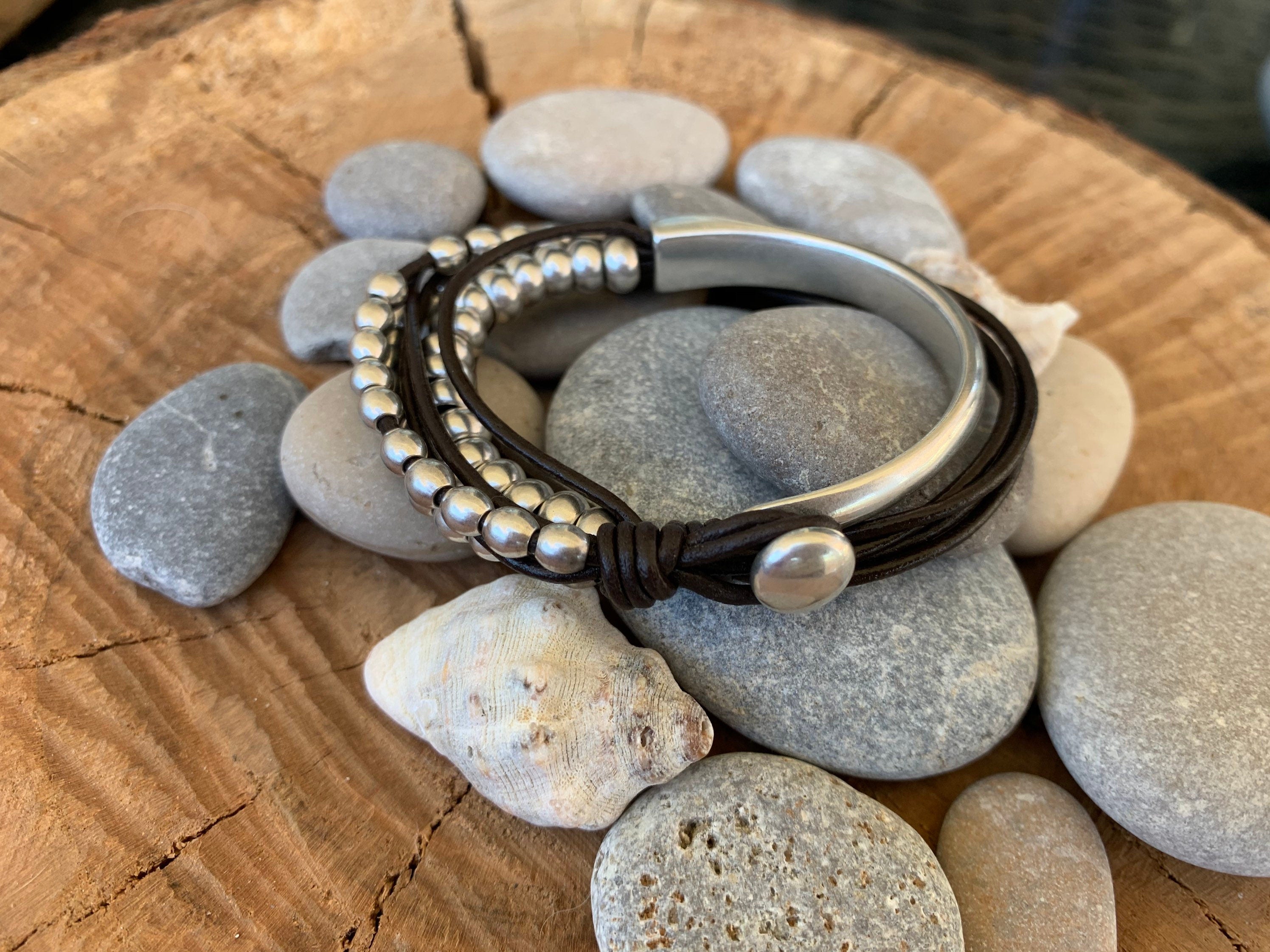 Bono leather bracelet, half cuff bracelet, silver beaded bracelet, Chunky bracelet, wrap bracelet, multi strand bangle, leather jewelry