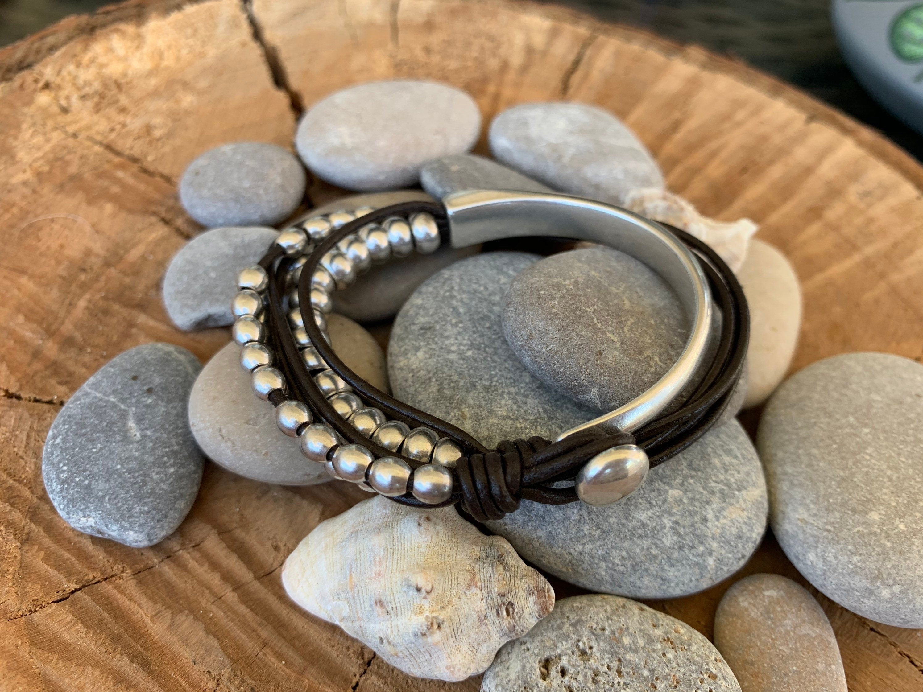 Bono leather bracelet, half cuff bracelet, silver beaded bracelet, Chunky bracelet, wrap bracelet, multi strand bangle, leather jewelry