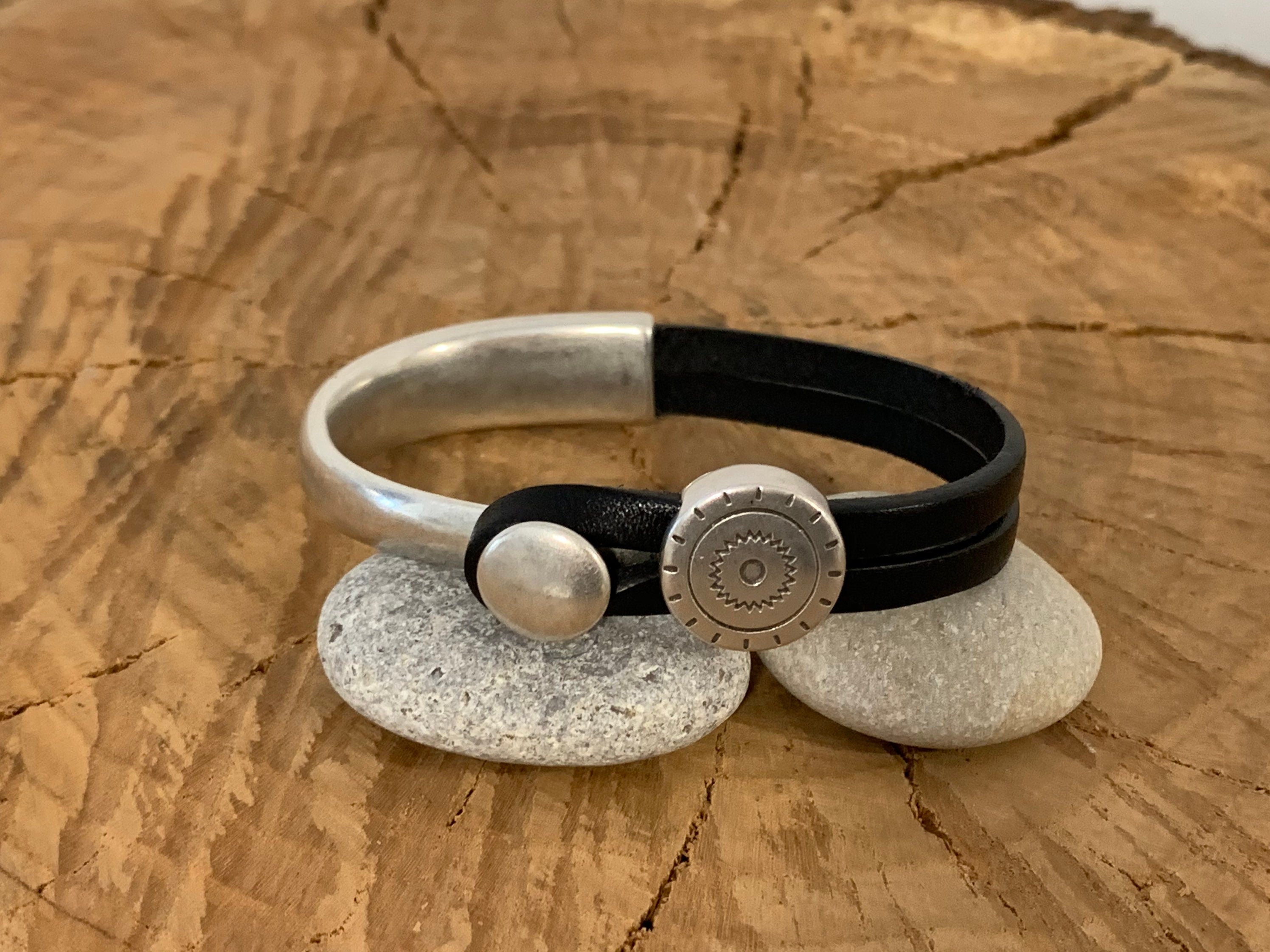 Boho leather bracelet, half cuff bracelet, silver bracelet, tribal bracelet, leather jewelry, , men leather bracelet, gift