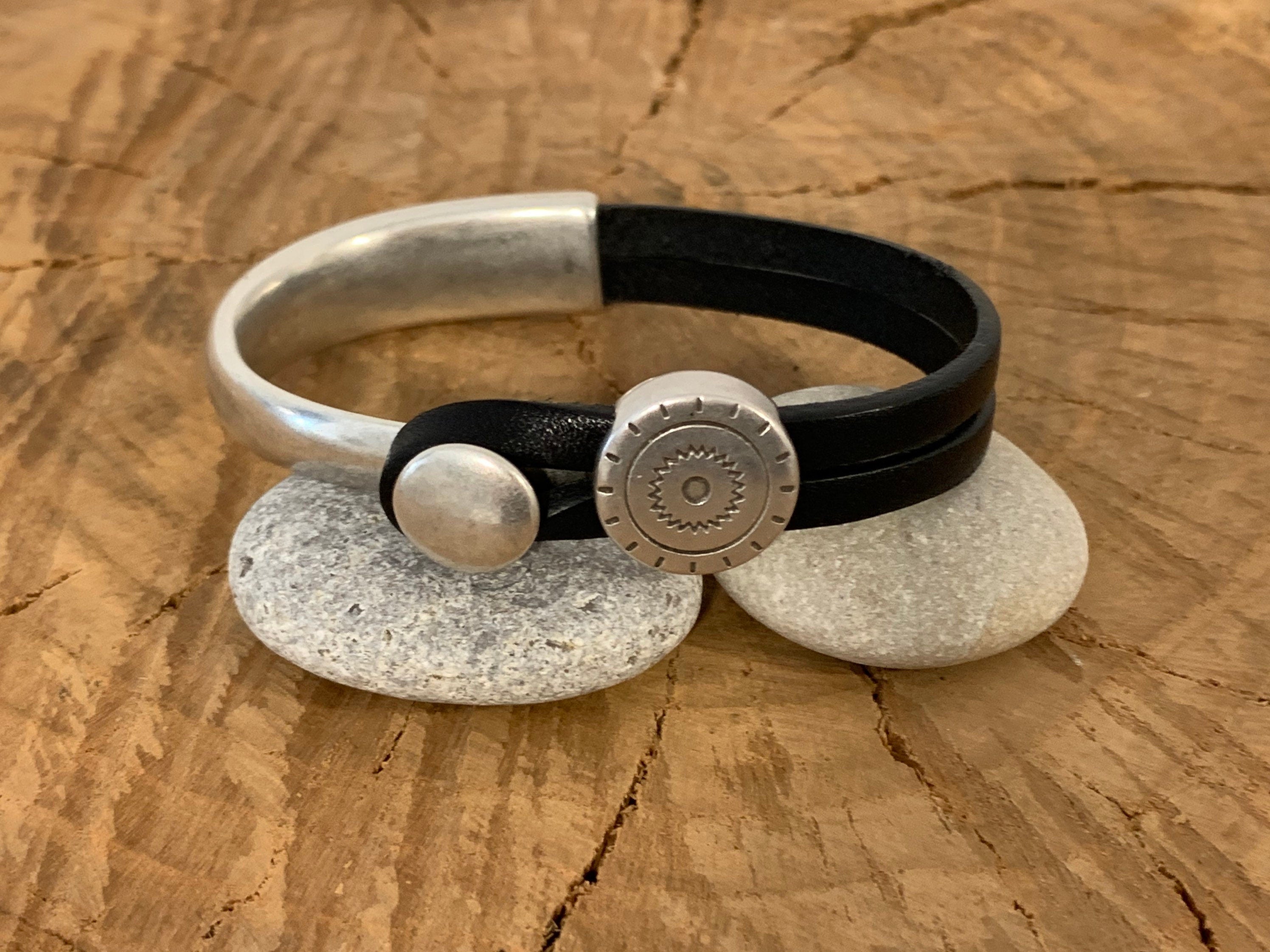 Boho leather bracelet, half cuff bracelet, silver bracelet, tribal bracelet, leather jewelry, , men leather bracelet, gift