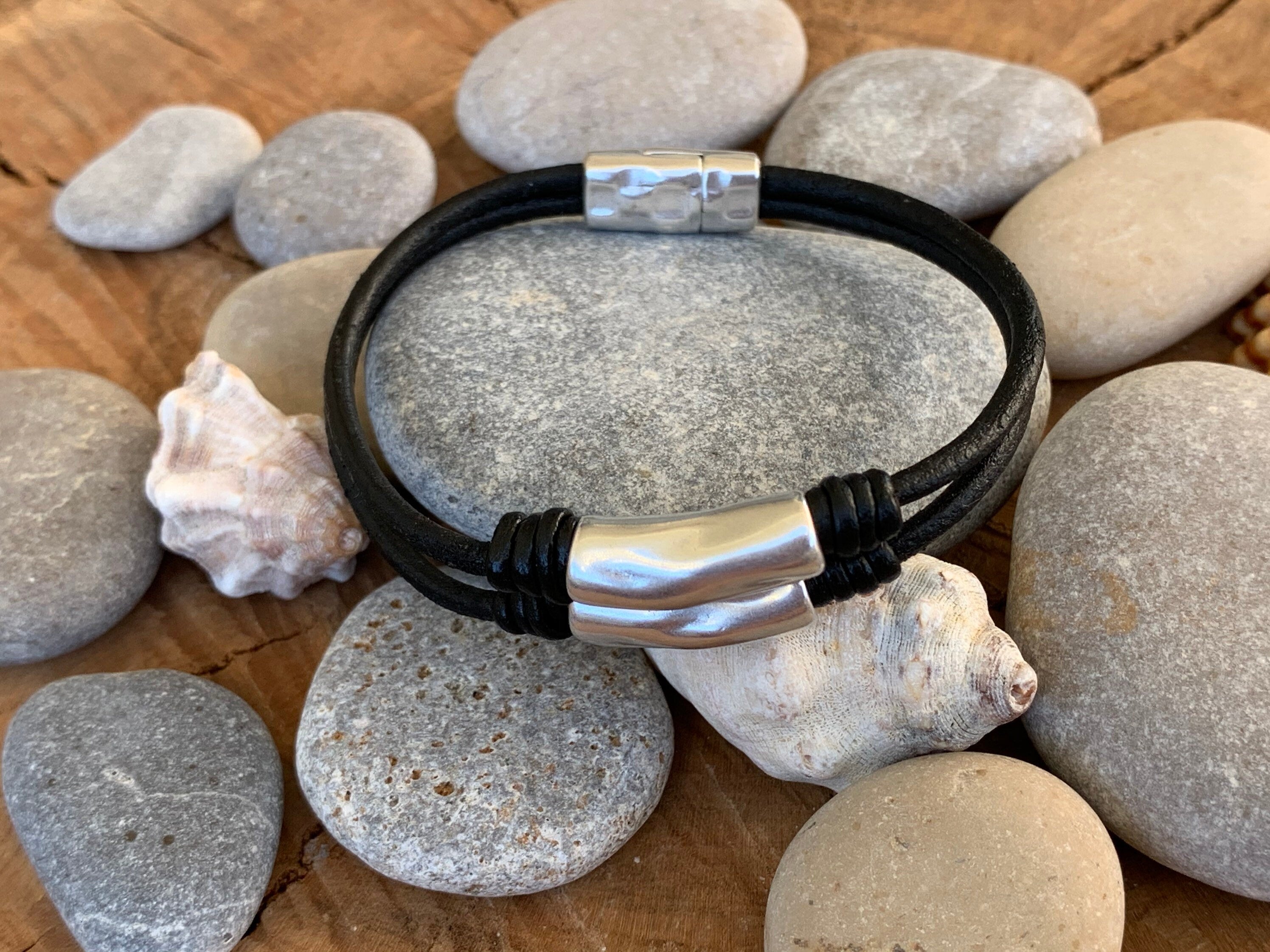 leather bracelet for men, silver leather bracelet, man bracelet, surf bracelet, rock bracelet,