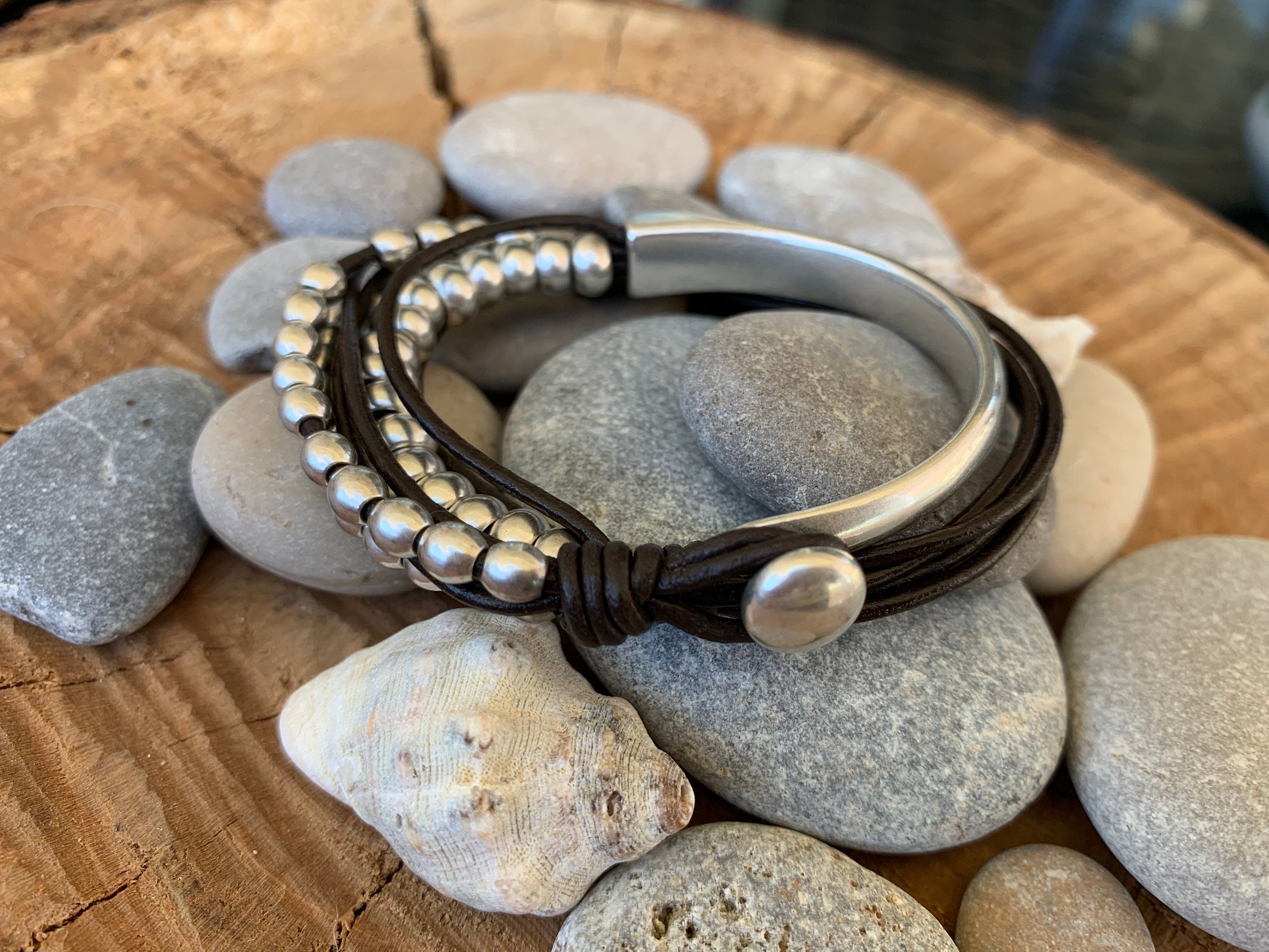 Bono leather bracelet, half cuff bracelet, silver beaded bracelet, Chunky bracelet, wrap bracelet, multi strand bangle, leather jewelry