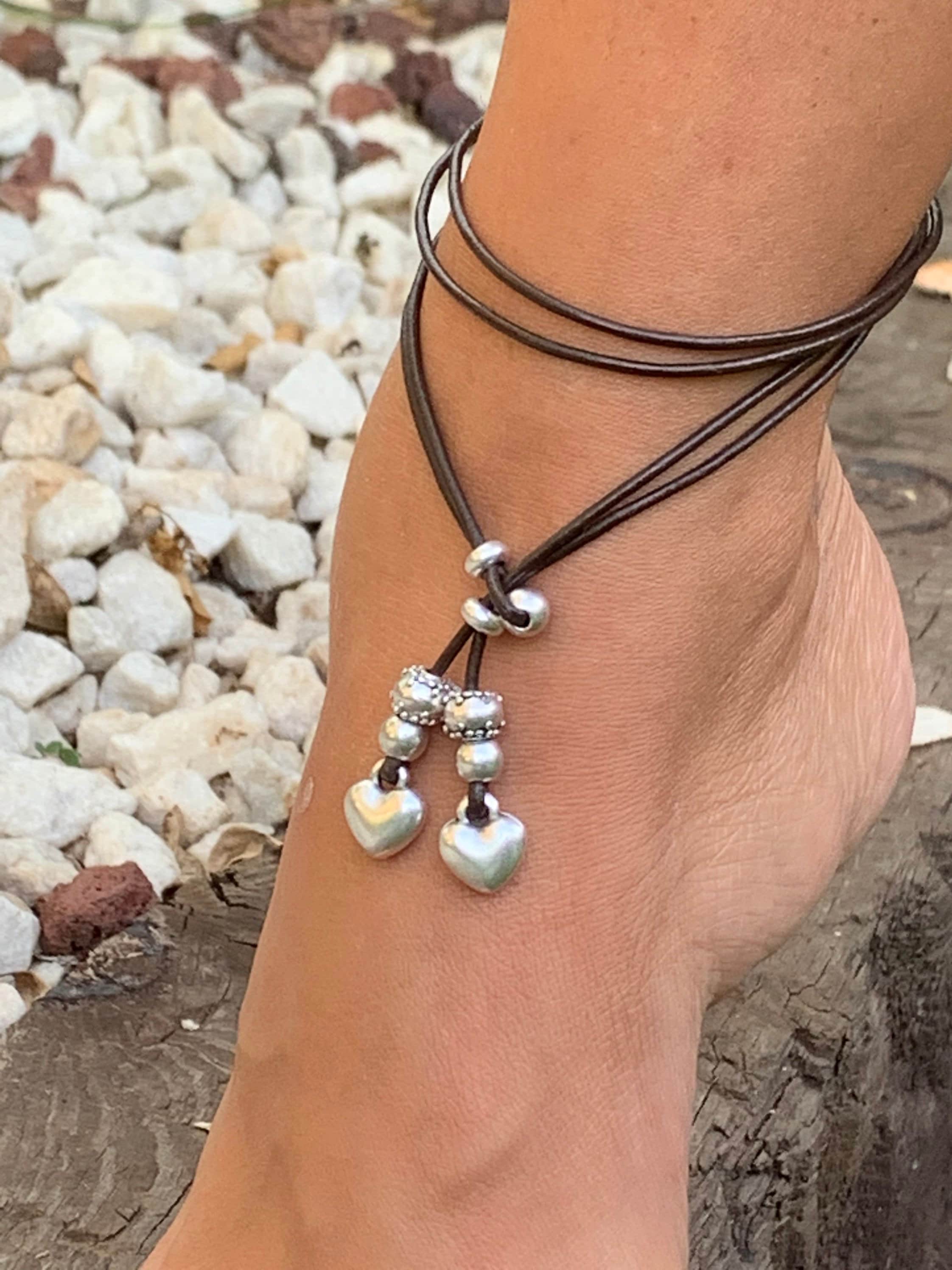 Boho leather anklet bracelet, silver and leather anklet, tribal anklet, Ethnic leather anklet, beach anklet,  surfer anklet,