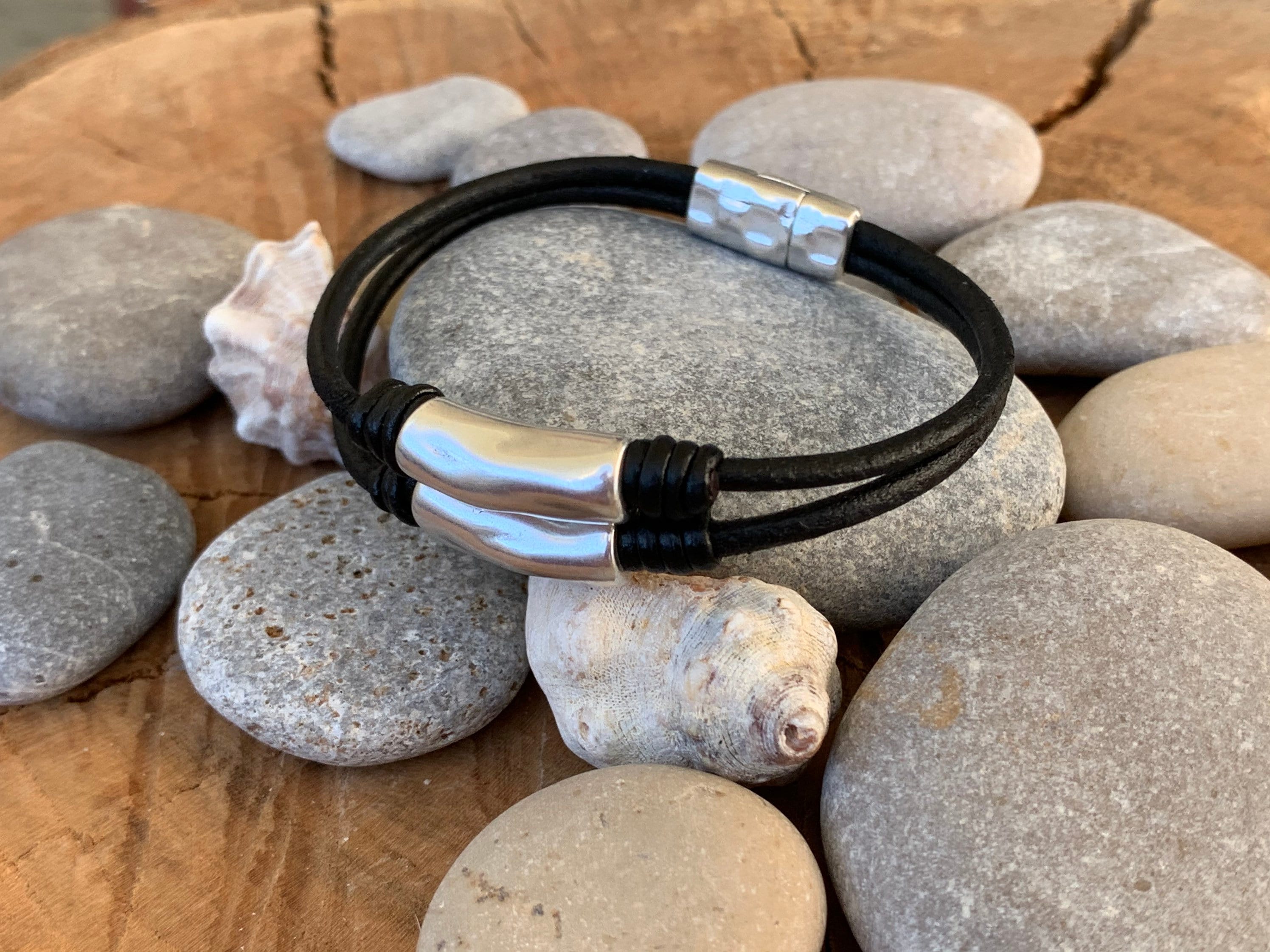 leather bracelet for men, silver leather bracelet, man bracelet, surf bracelet, rock bracelet,