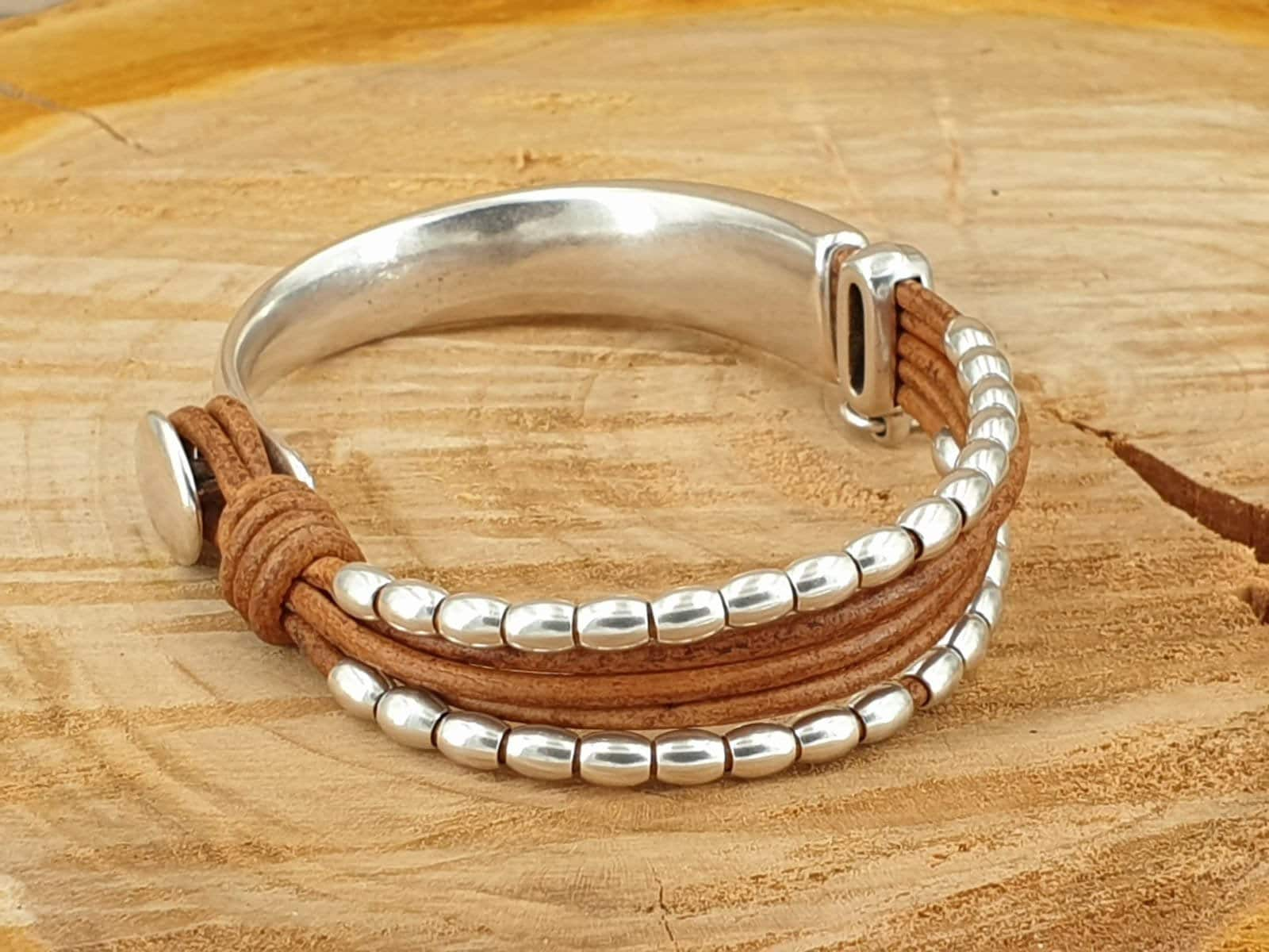 Pulsera de cuero y cuentas para mujer, pulsera de media caña, pulsera metálica, pulsera bohemia, pulsera estilo