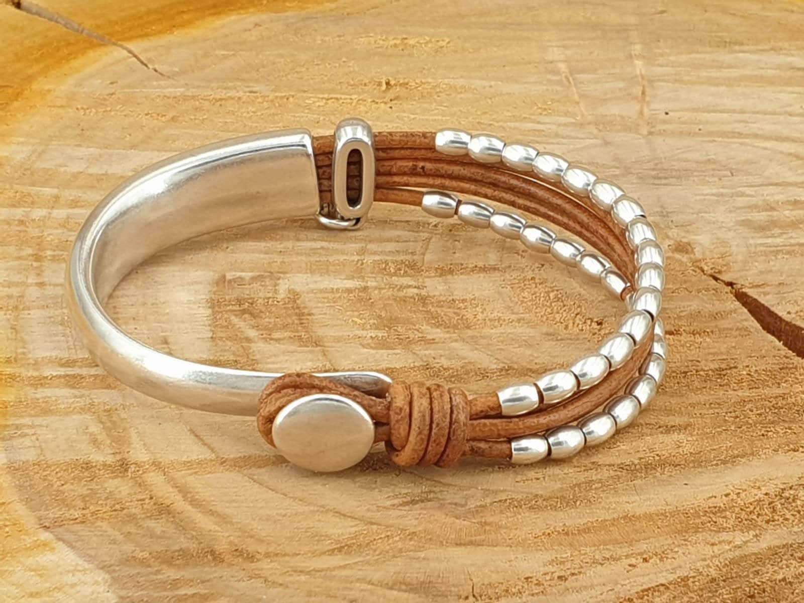 Pulsera de cuero y cuentas para mujer, pulsera de media caña, pulsera metálica, pulsera bohemia, pulsera estilo