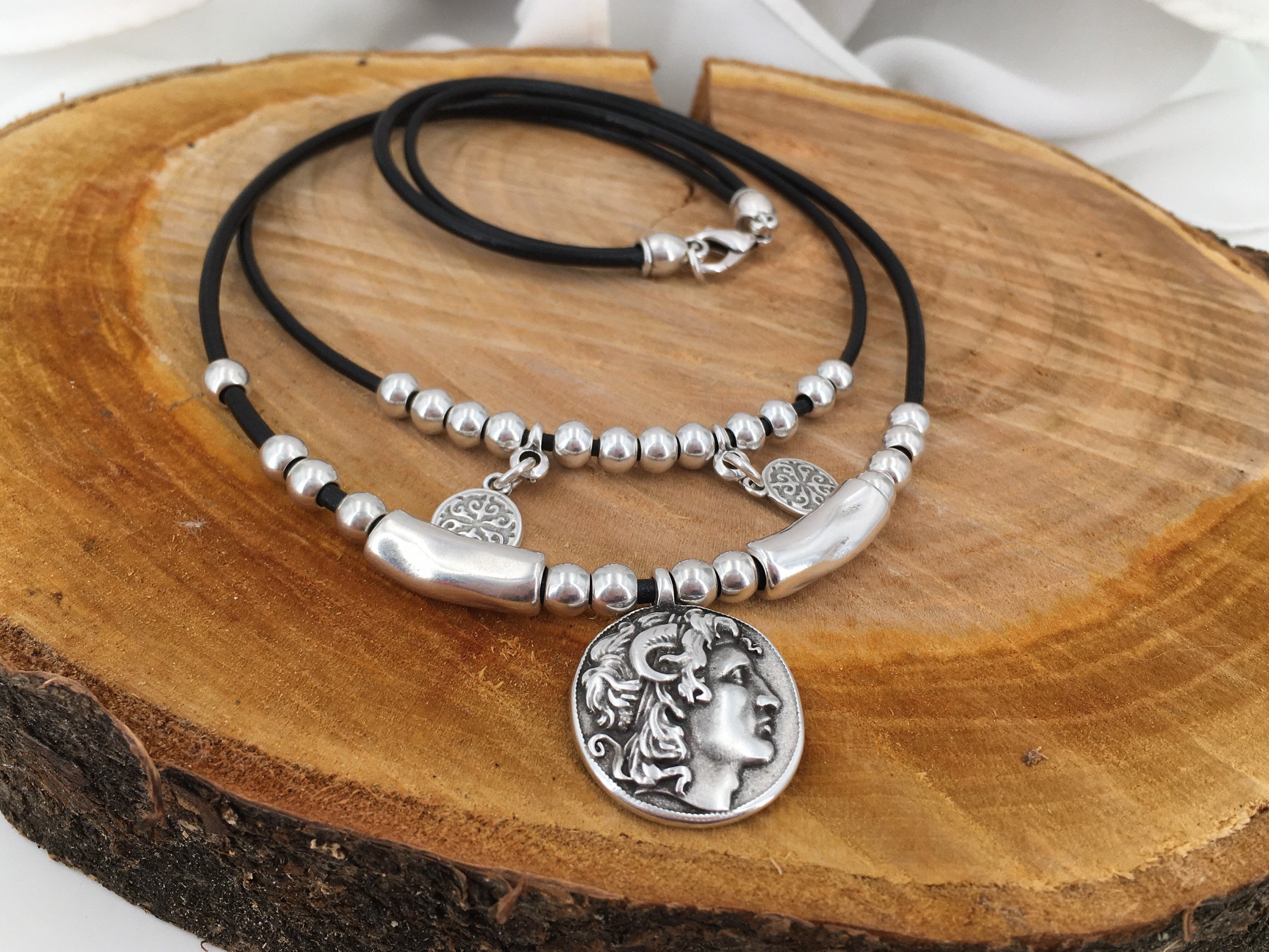 Chunky necklace, Multi-strand Leather necklace, coin pendant necklace, boho necklace, silver  necklace, statement necklace,