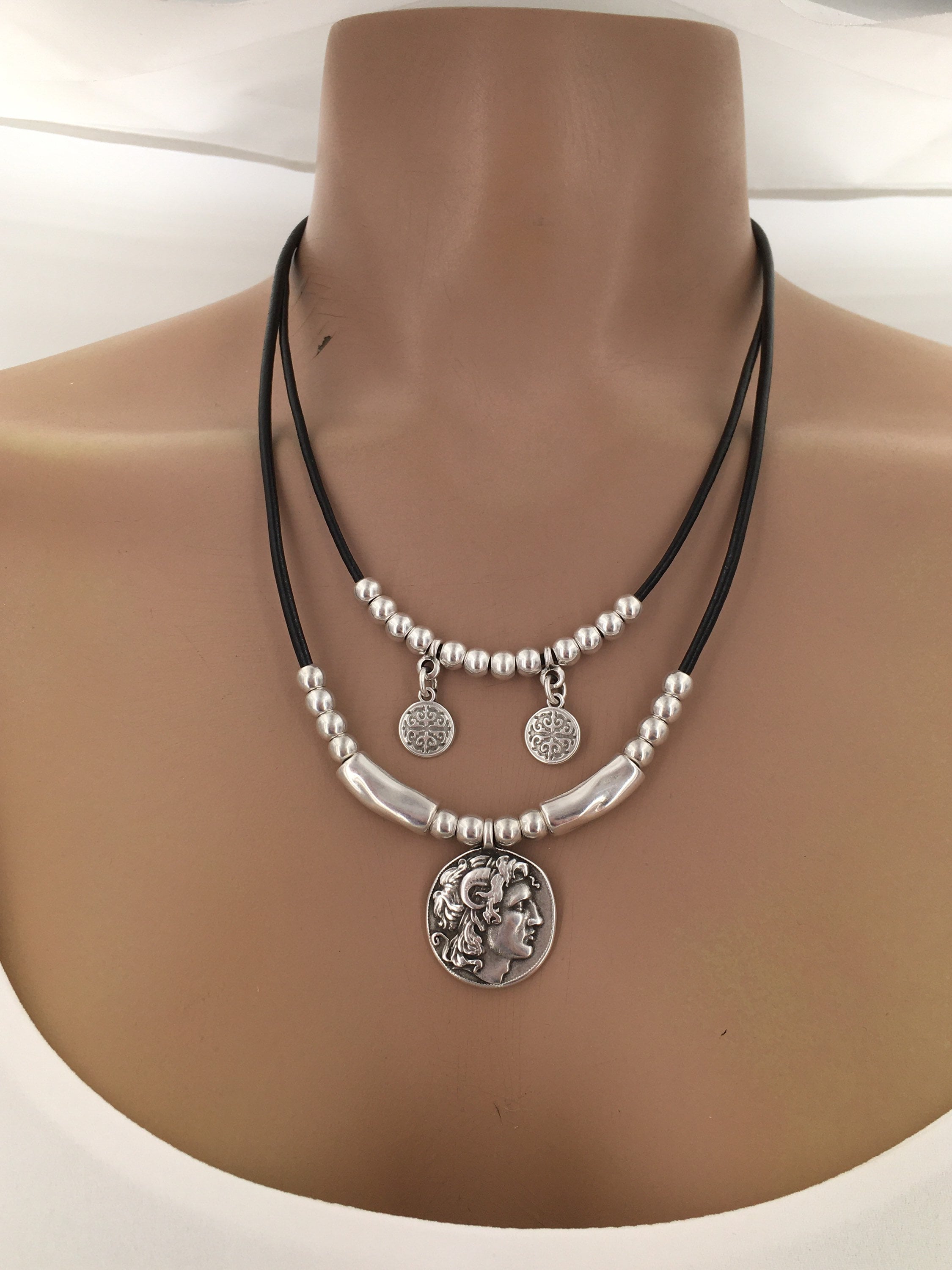 Chunky necklace, Multi-strand Leather necklace, coin pendant necklace, boho necklace, silver  necklace, statement necklace,