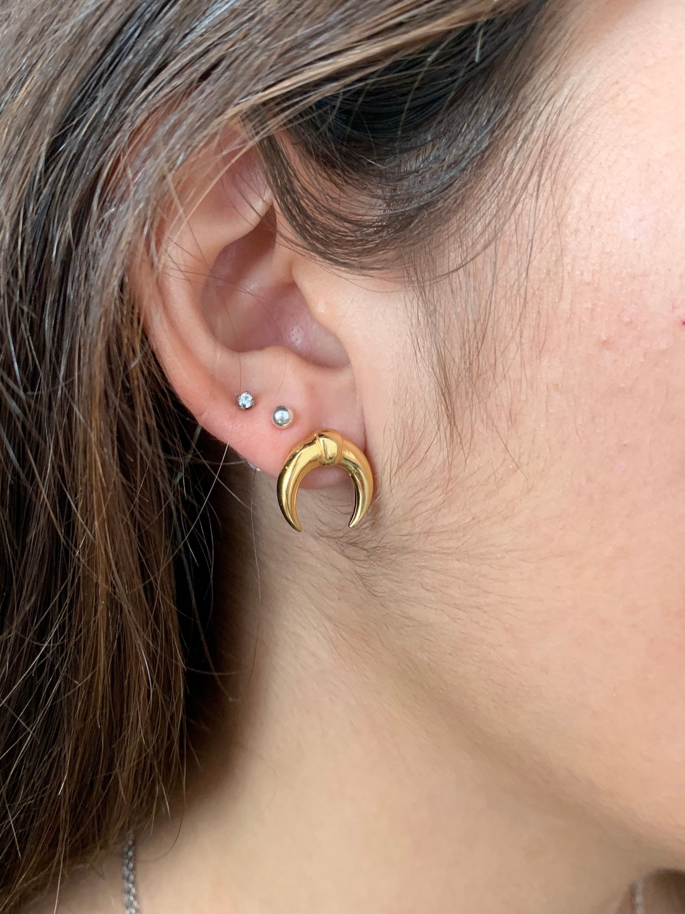 Tiny everyday taurus horn stud earrings, delicate silver  crescent earrings, gold Taurus horn earrings, tribal earrings, woman earring,