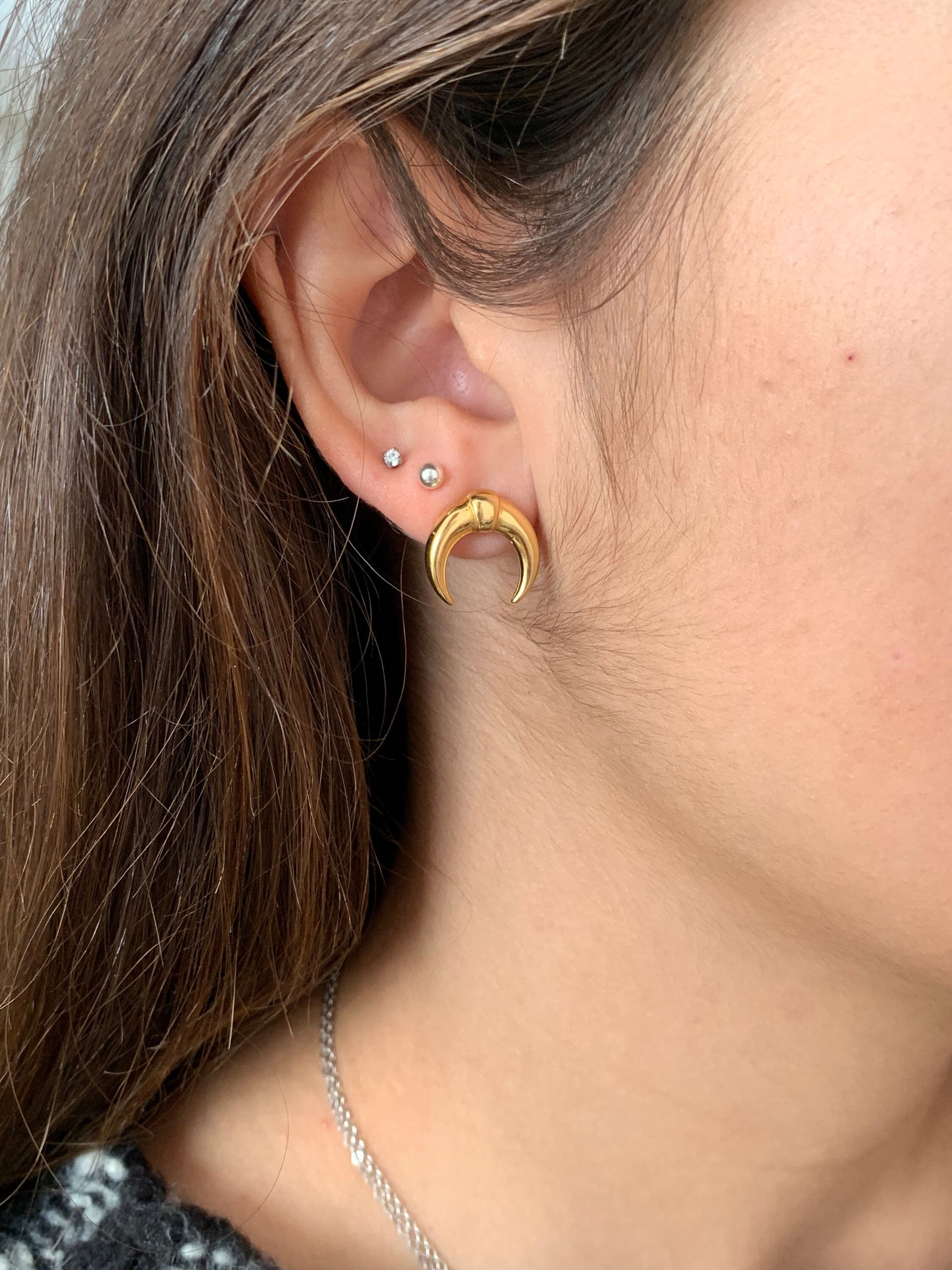 Tiny everyday taurus horn stud earrings, delicate silver  crescent earrings, gold Taurus horn earrings, tribal earrings, woman earring,