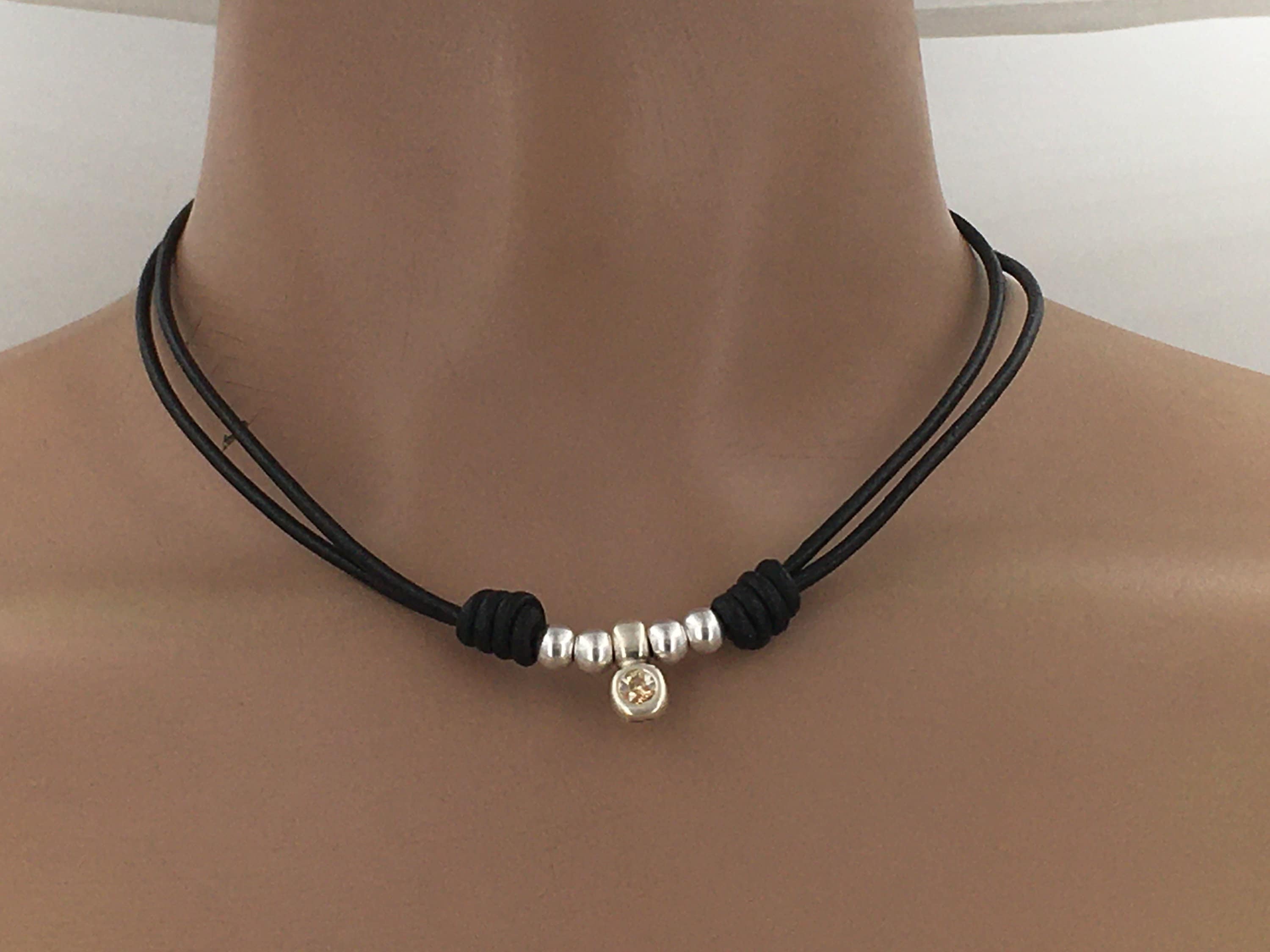 Leather necklace, minimalist choker, Boho necklace, boho choker, woman necklace, Swarovski necklace, , everyday jewelry, gift