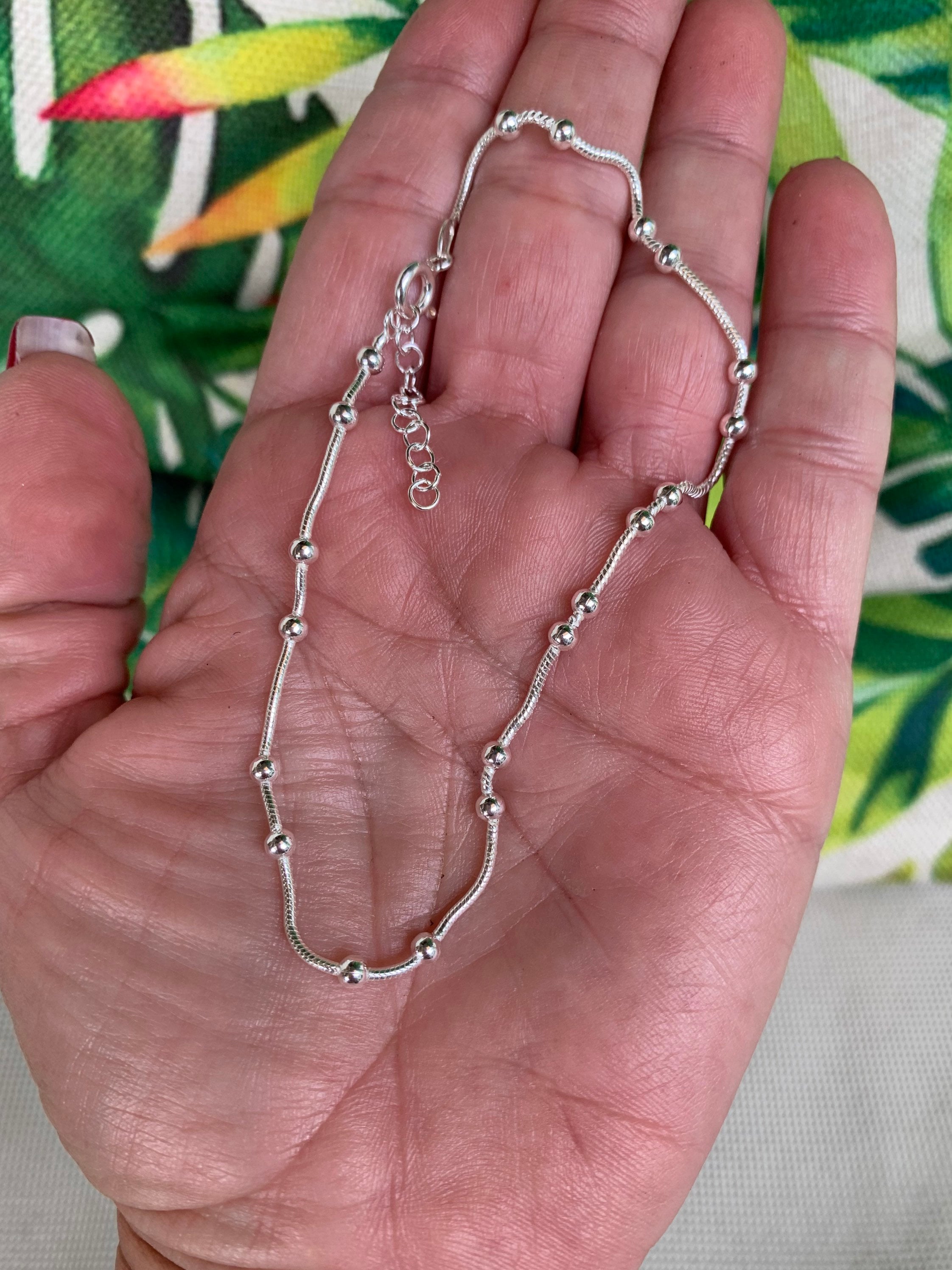 Minimalist 925 silver anklet. Delicate anklet, fine anklet, beaded anklet, women's anklet, smooth chain anklet