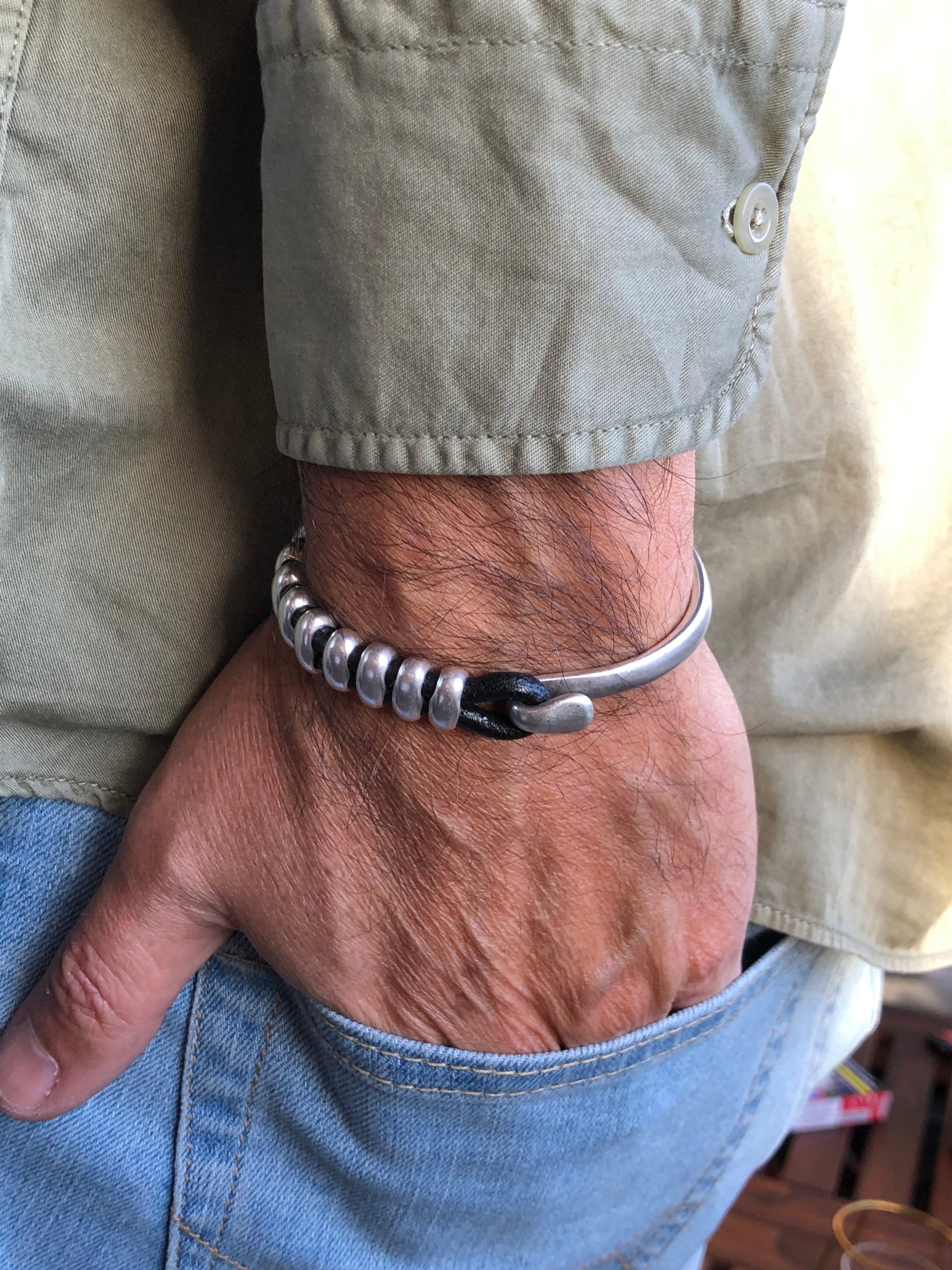 leather bracelet for men, silver half cuff bracelet, silver beads bracelet, surf bracelet, rock bracelet, , industrial