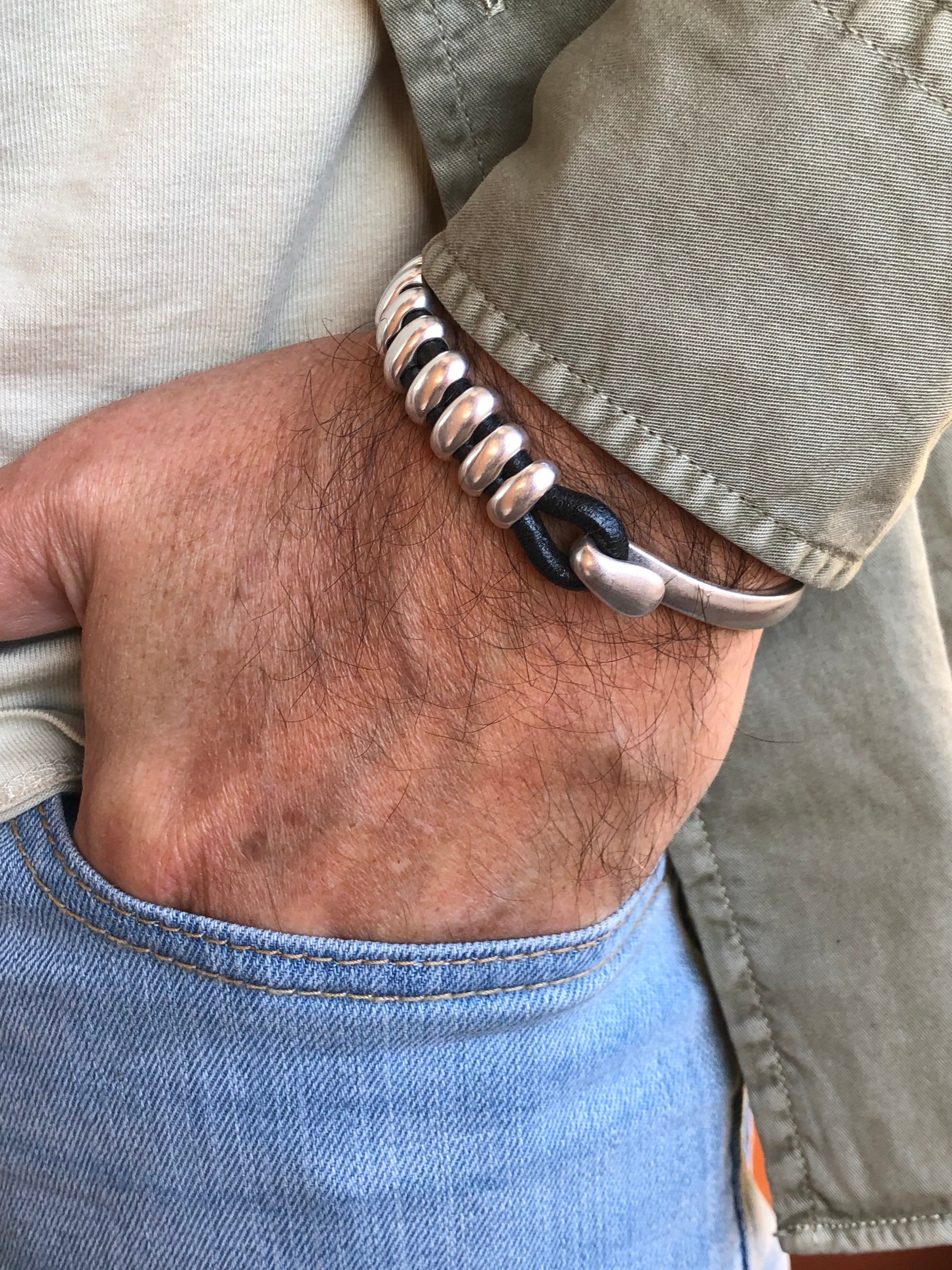 leather bracelet for men, silver half cuff bracelet, silver beads bracelet, surf bracelet, rock bracelet, , industrial