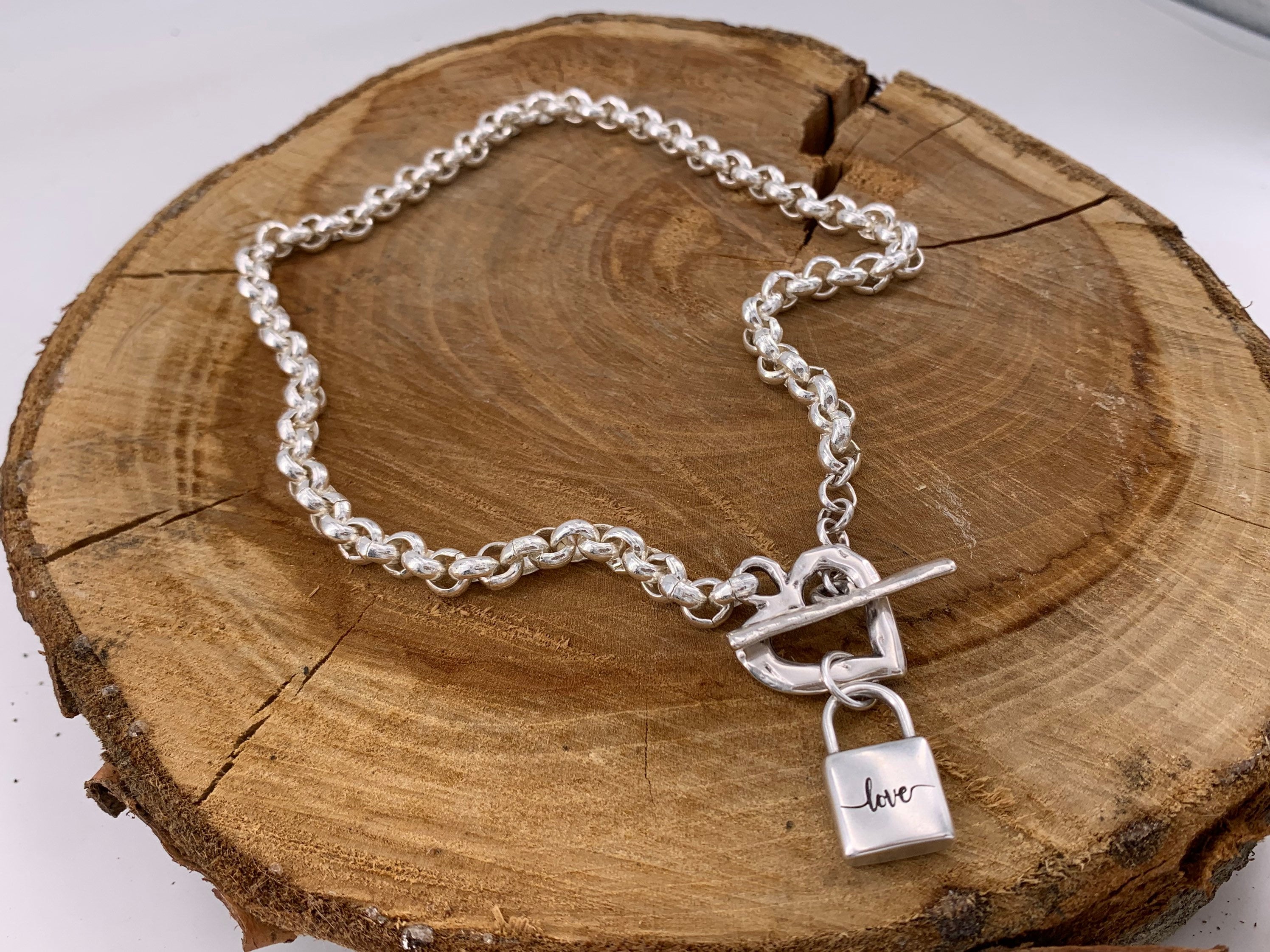 silver chunky necklace, toggle clasp necklace, T clasp choker, heart pendant necklace, padlock pendant necklace, rolo chain, bold chain