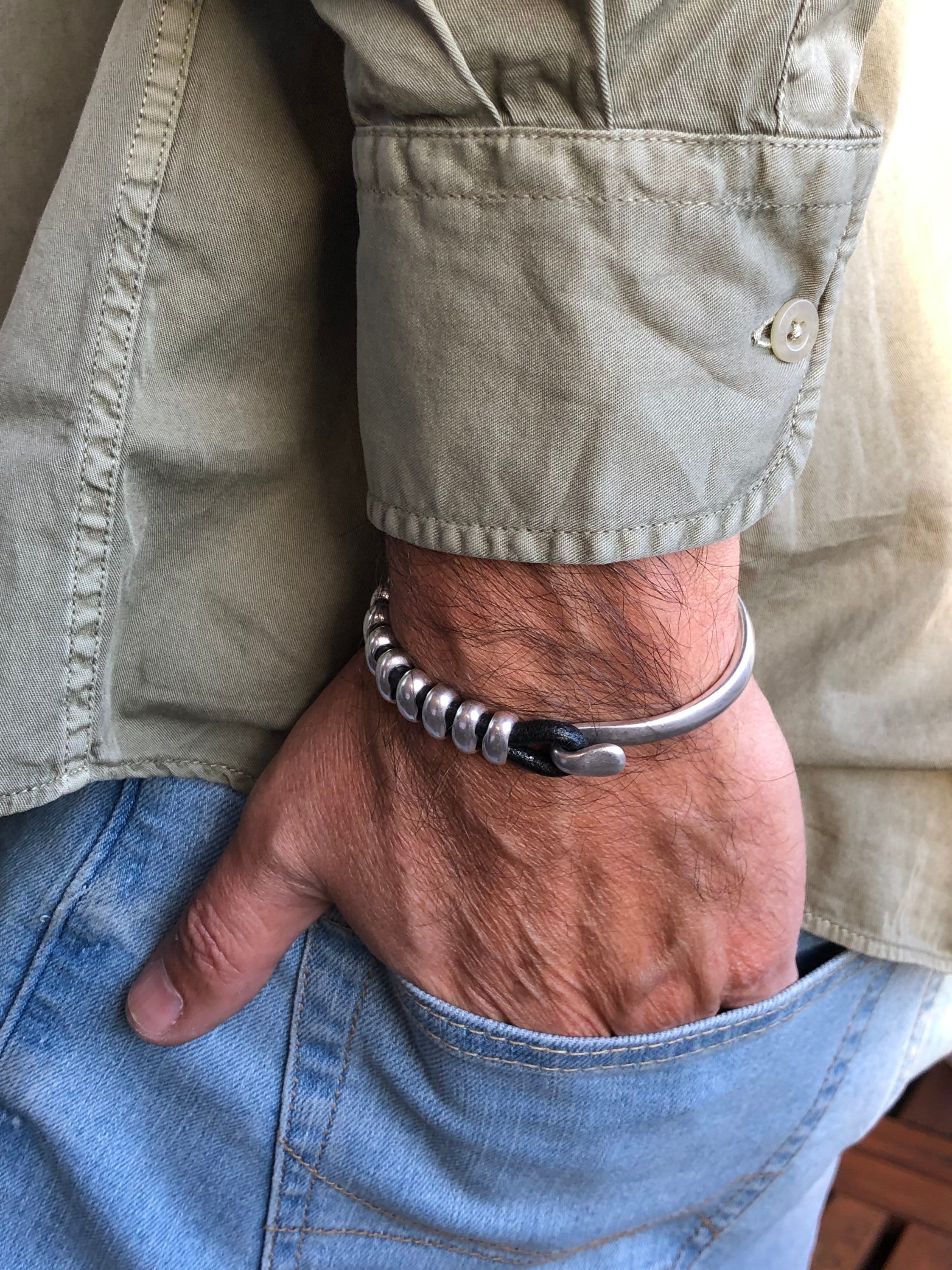 leather bracelet for men, silver half cuff bracelet, silver beads bracelet, surf bracelet, rock bracelet, , industrial