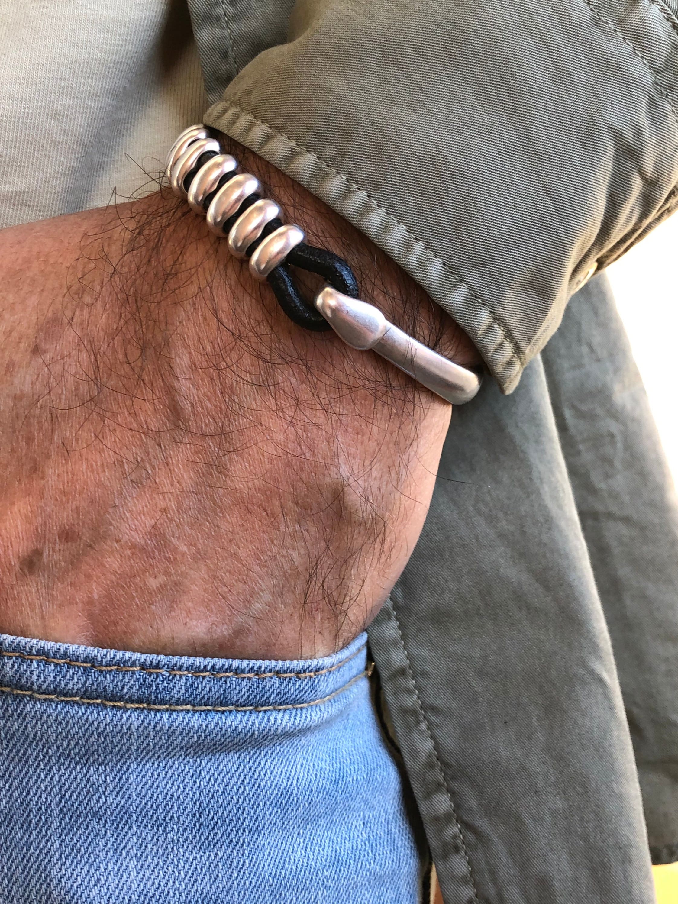 leather bracelet for men, silver half cuff bracelet, silver beads bracelet, surf bracelet, rock bracelet, , industrial