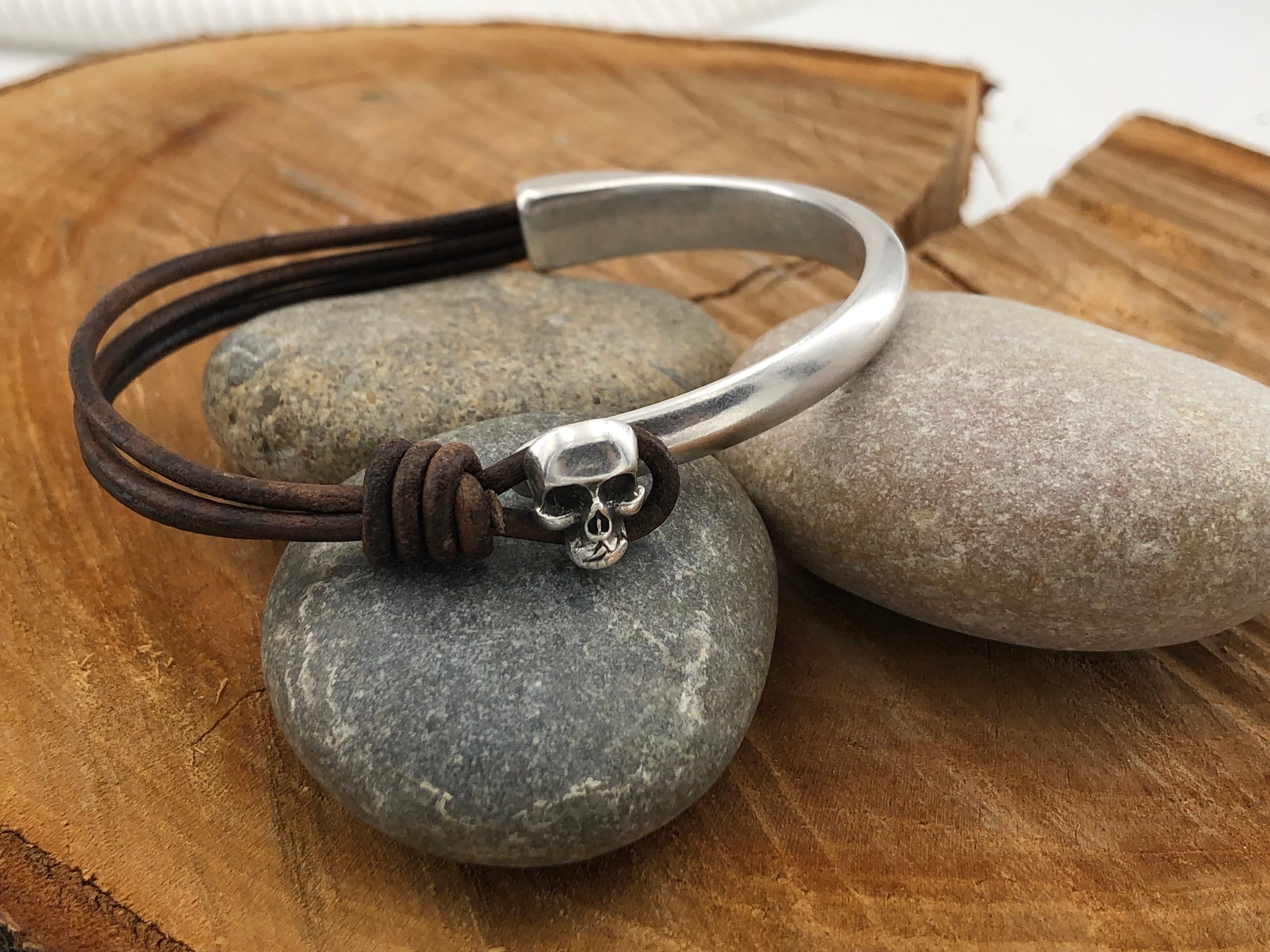 Skull bracelet, leather bracelet for men, half cuff bracelet, silver  bracelet, surf bracelet, rock bracelet, , unisex