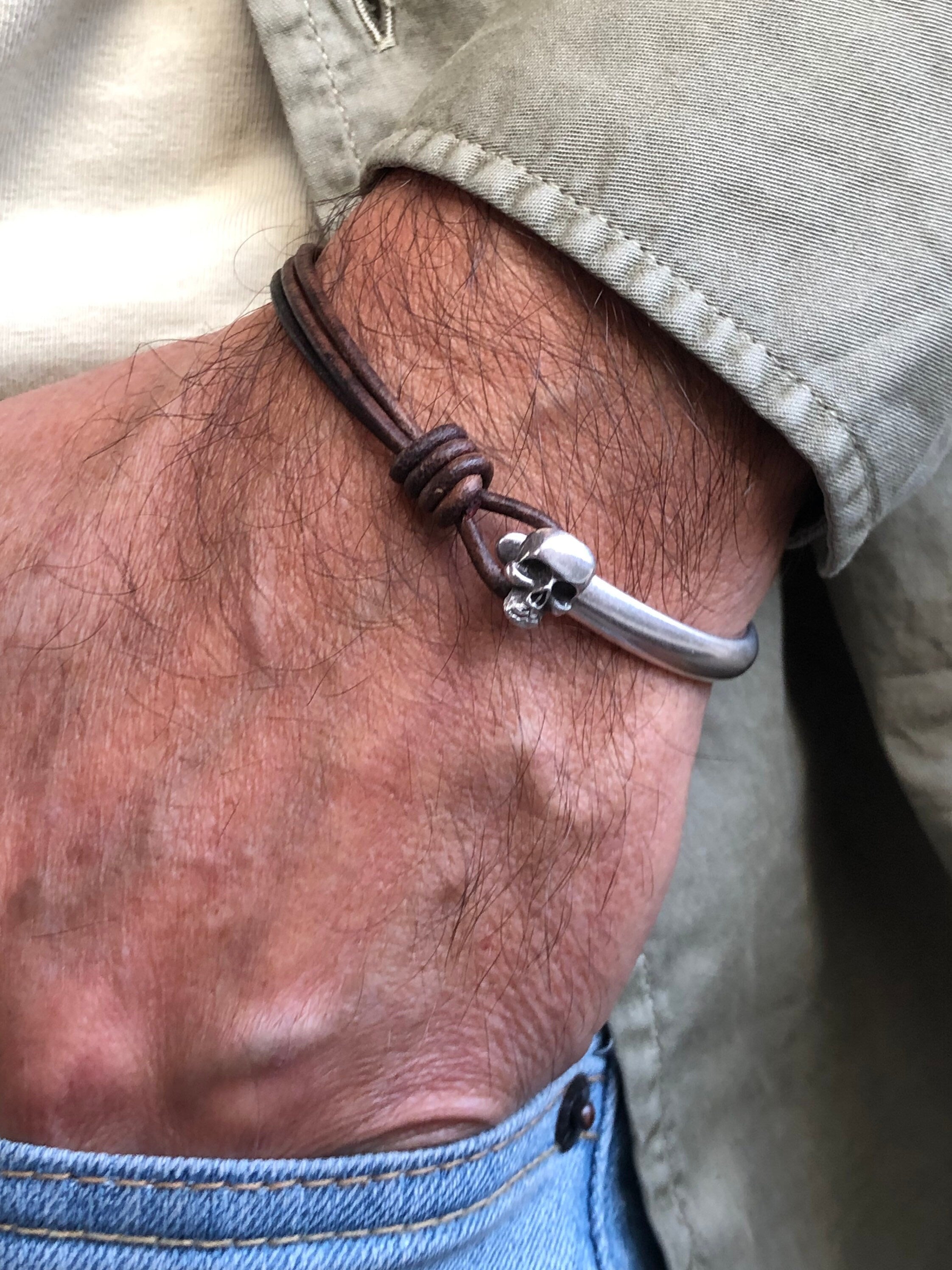 Skull bracelet, leather bracelet for men, half cuff bracelet, silver  bracelet, surf bracelet, rock bracelet, , unisex