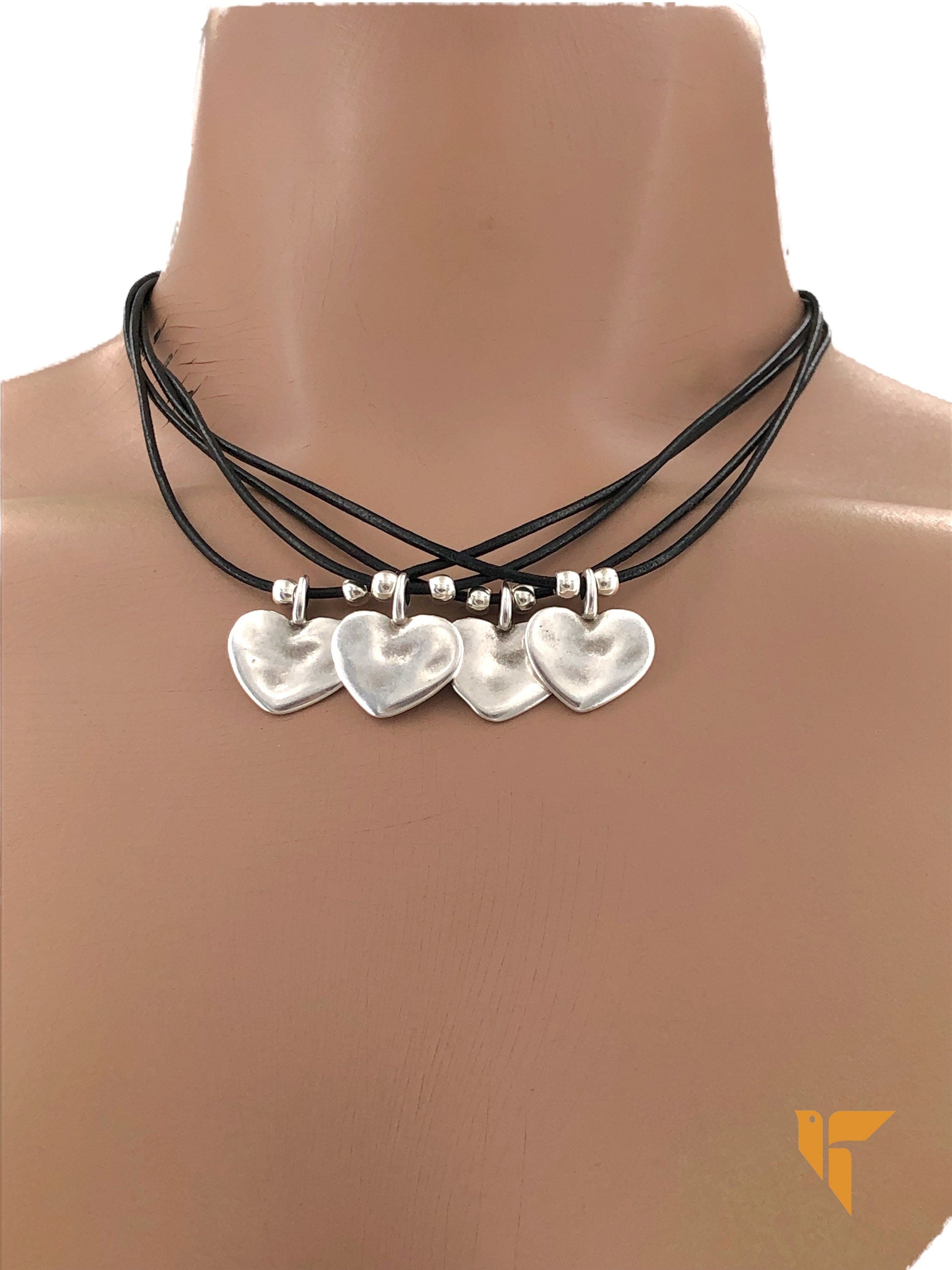 Bohemian choker for woman, multi-strand leather choker, heart charms choker, girlfriend necklace, leather heart pendant choker, gift for her