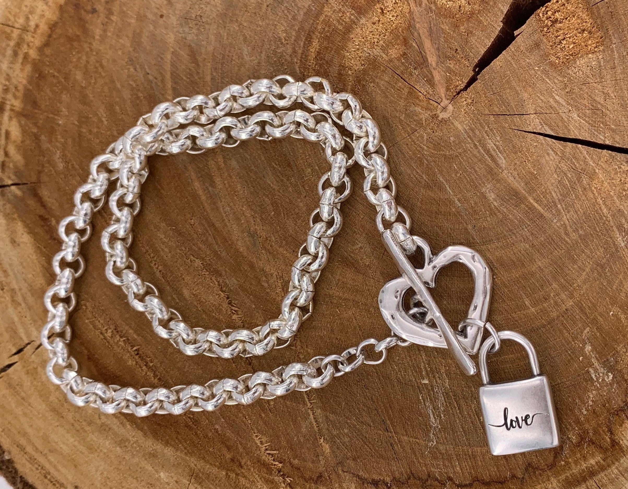 silver chunky necklace, toggle clasp necklace, T clasp choker, heart pendant necklace, padlock pendant necklace, rolo chain, bold chain