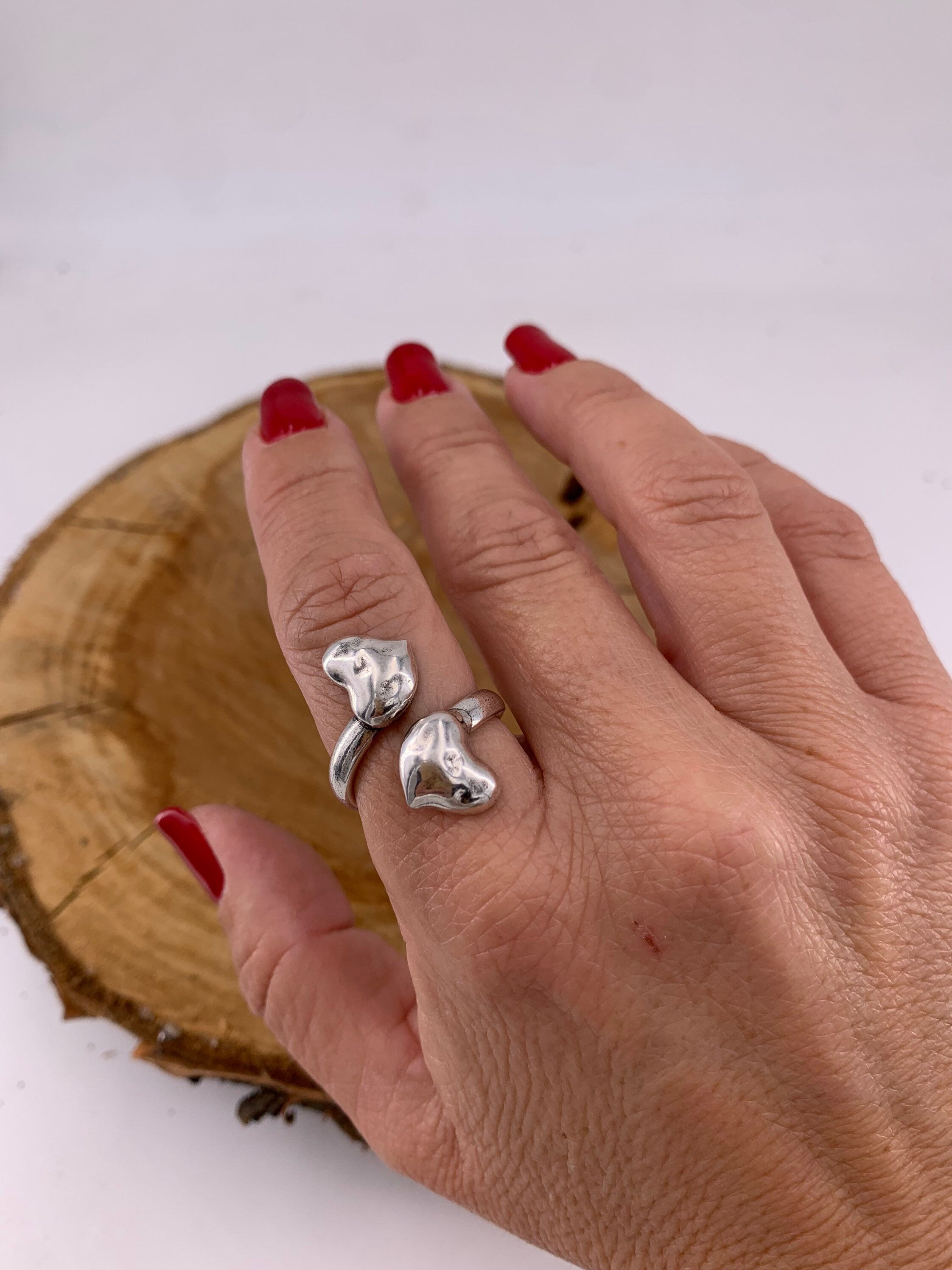 Chunky silver ring, Silver boho ring, doble heart  boho silver ring, silver heart ring, Statement ring, , chunky heart ring