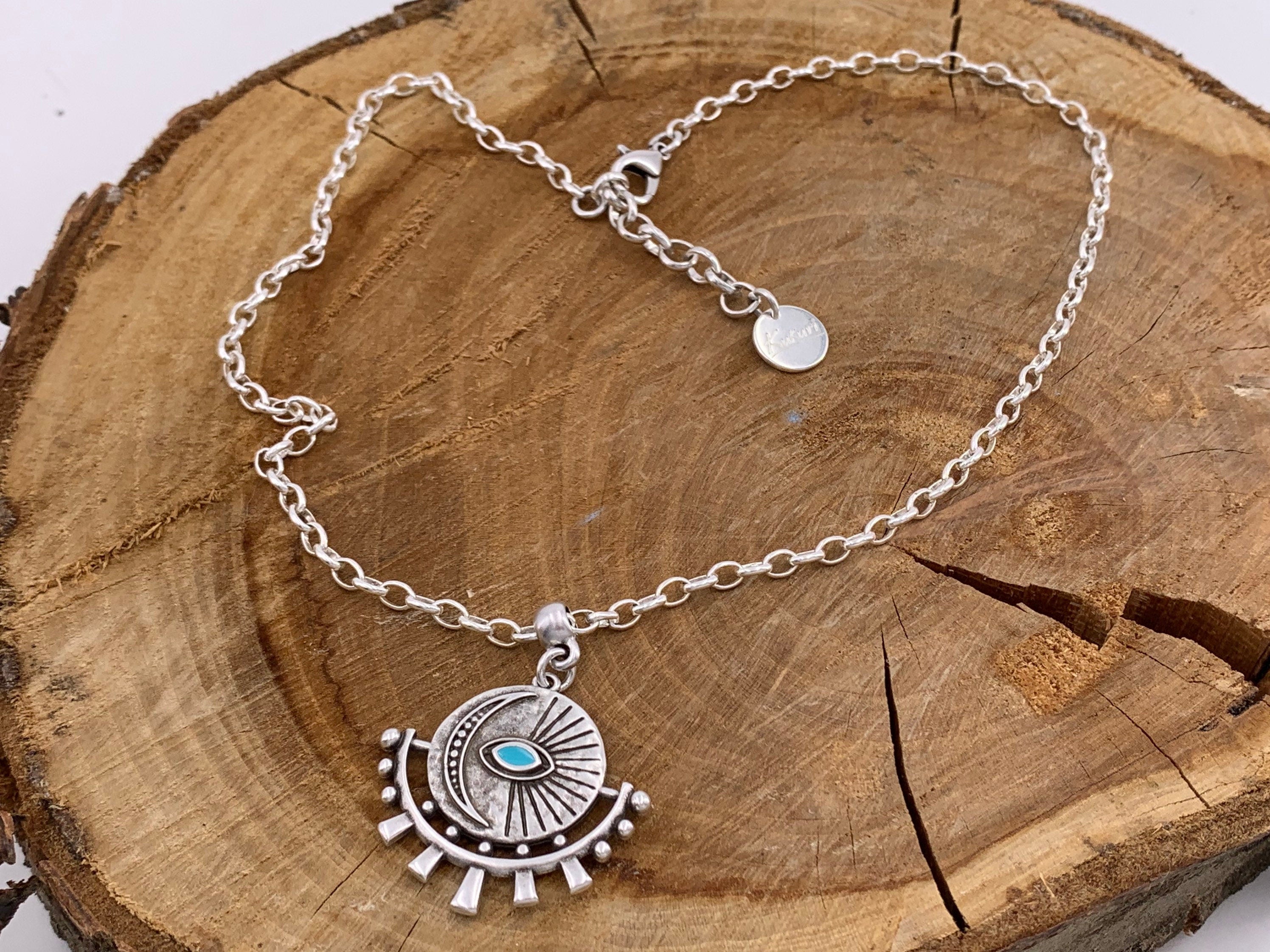 Boho Silver chain necklace for women, protecting eye pendant necklace, tribal necklace, bohemian jewelry, silver chain,  ,