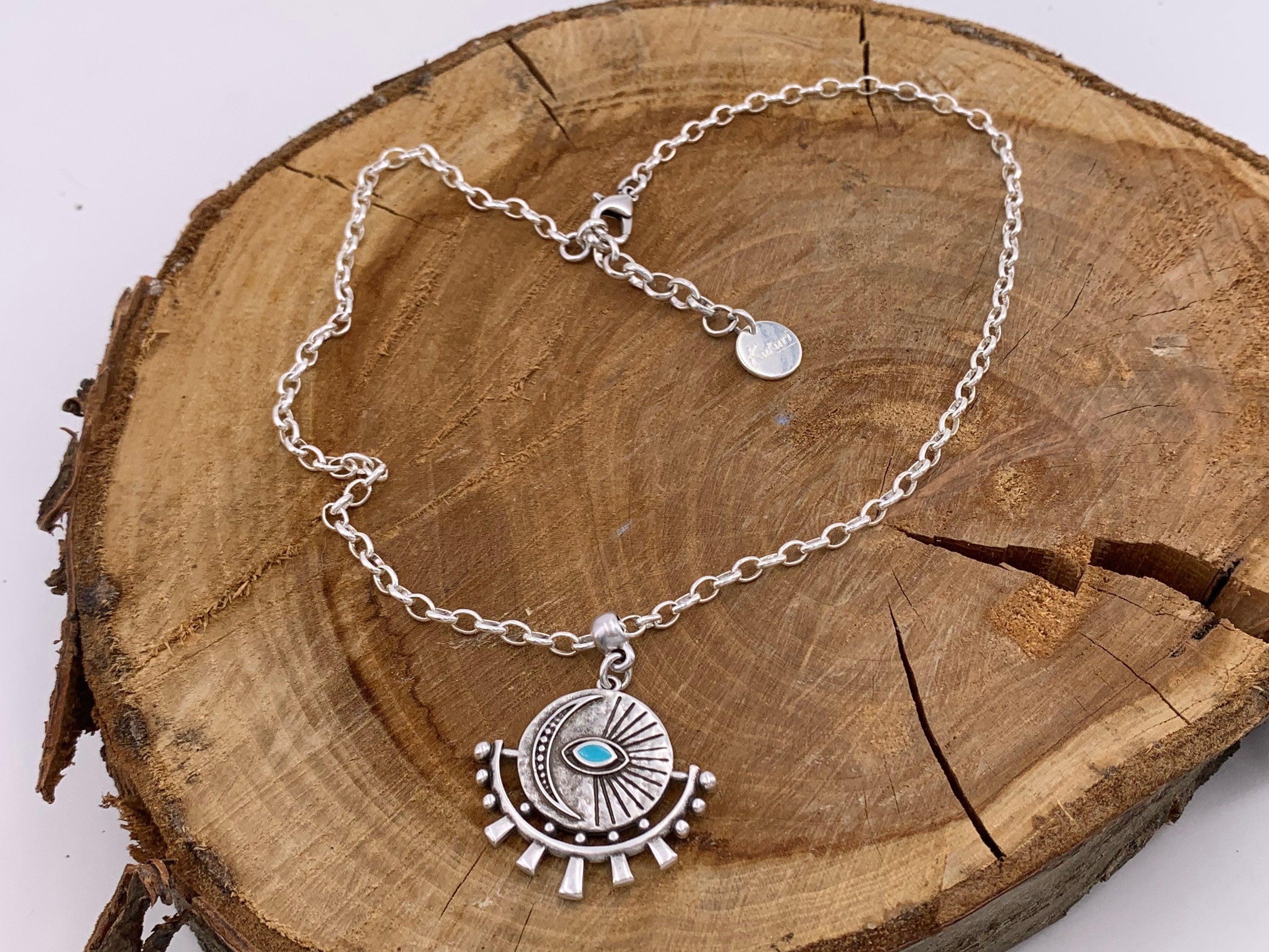 Boho Silver chain necklace for women, protecting eye pendant necklace, tribal necklace, bohemian jewelry, silver chain,  ,