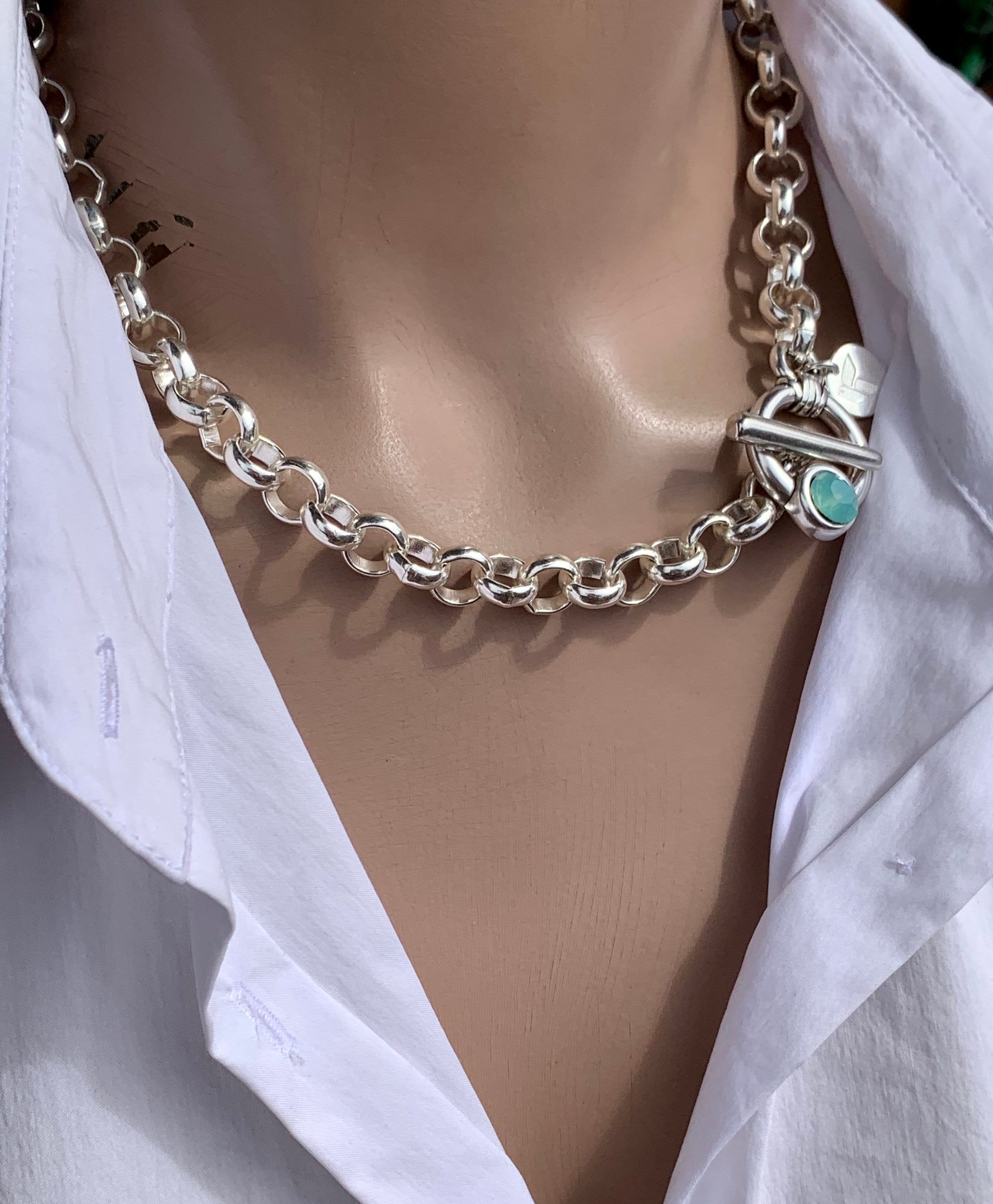 silver chunky necklace, rolo chain necklace with toggle clasp and swarovski crystal, silver chunky necklace, thick links silver chain choker