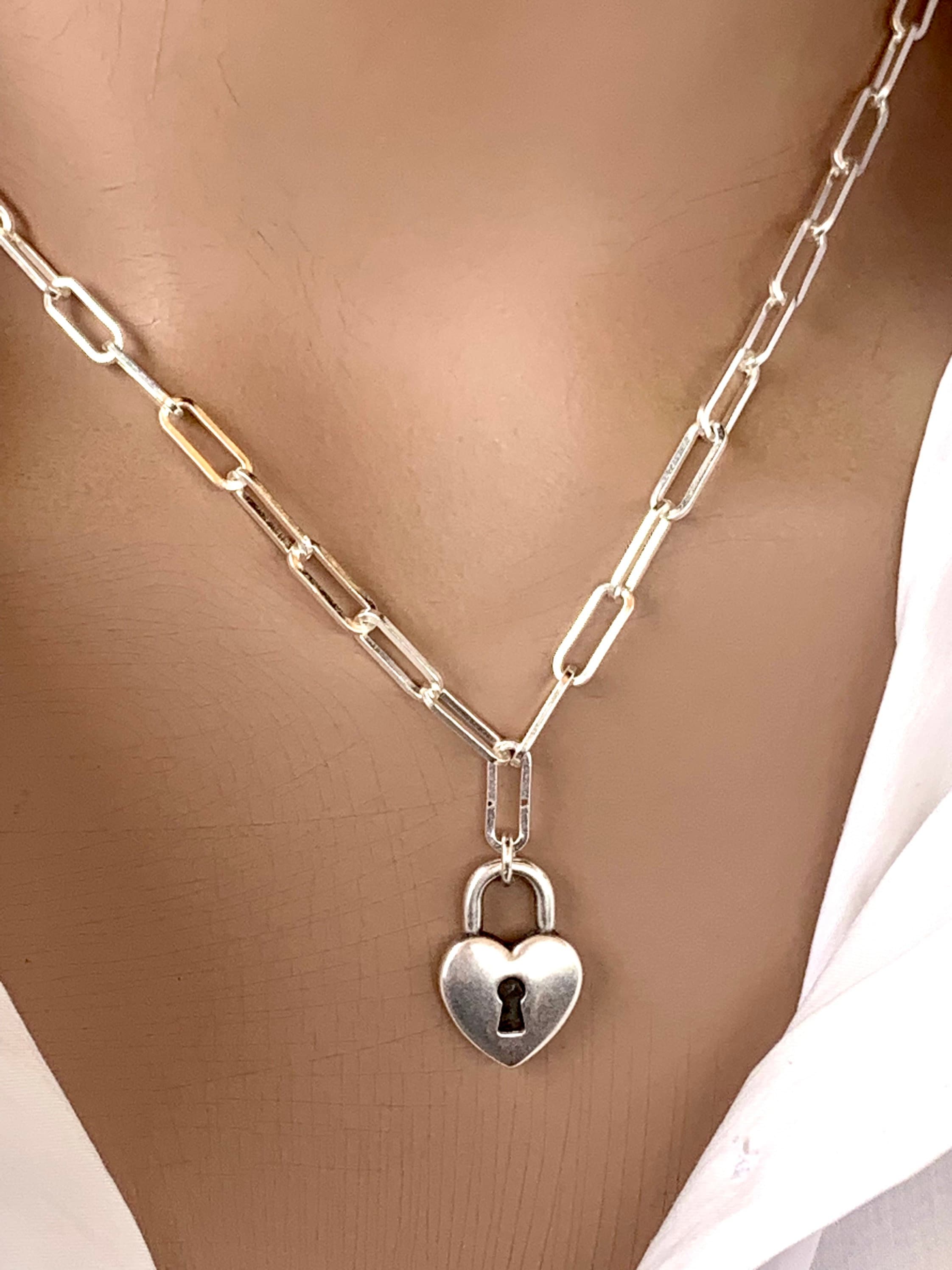 Silver chain necklace, charm necklace, necklace with key and padlock, women’s necklace, eye-catching necklace,  style necklaces