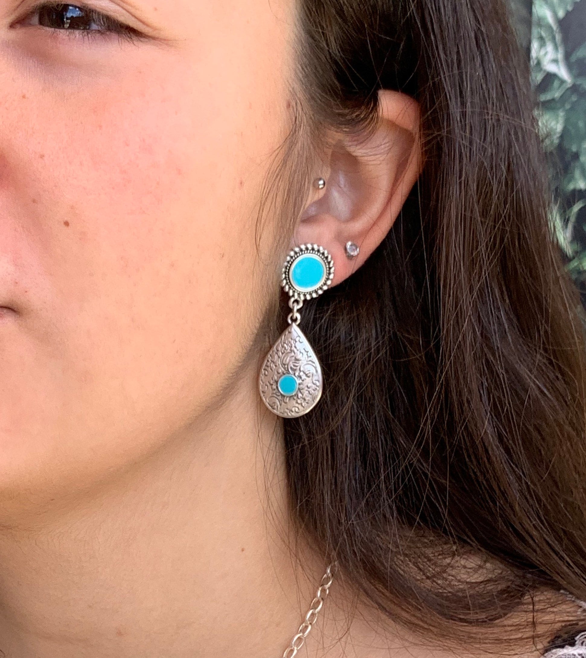 Pendientes largos de lágrima, pendientes étnicos, pendientes tribales grandes, pendientes de plata gruesos, pendientes azules, estilo; Pendientes turcos,