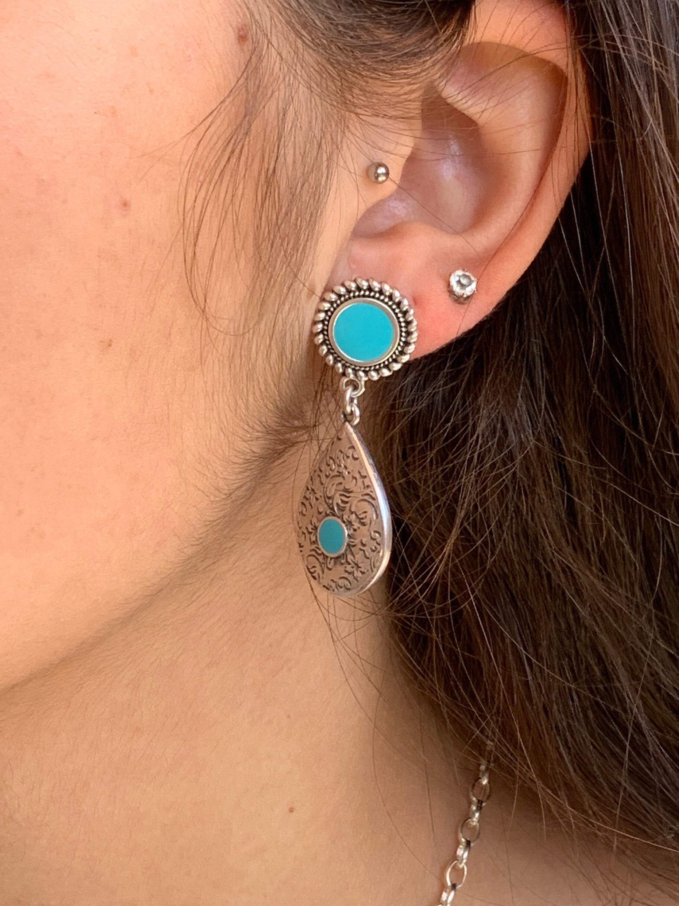 Long tear earrings, ethnic earrings, large tribal earrings, chunky silver earrings, blue earrings,  style; Turkish earrings,