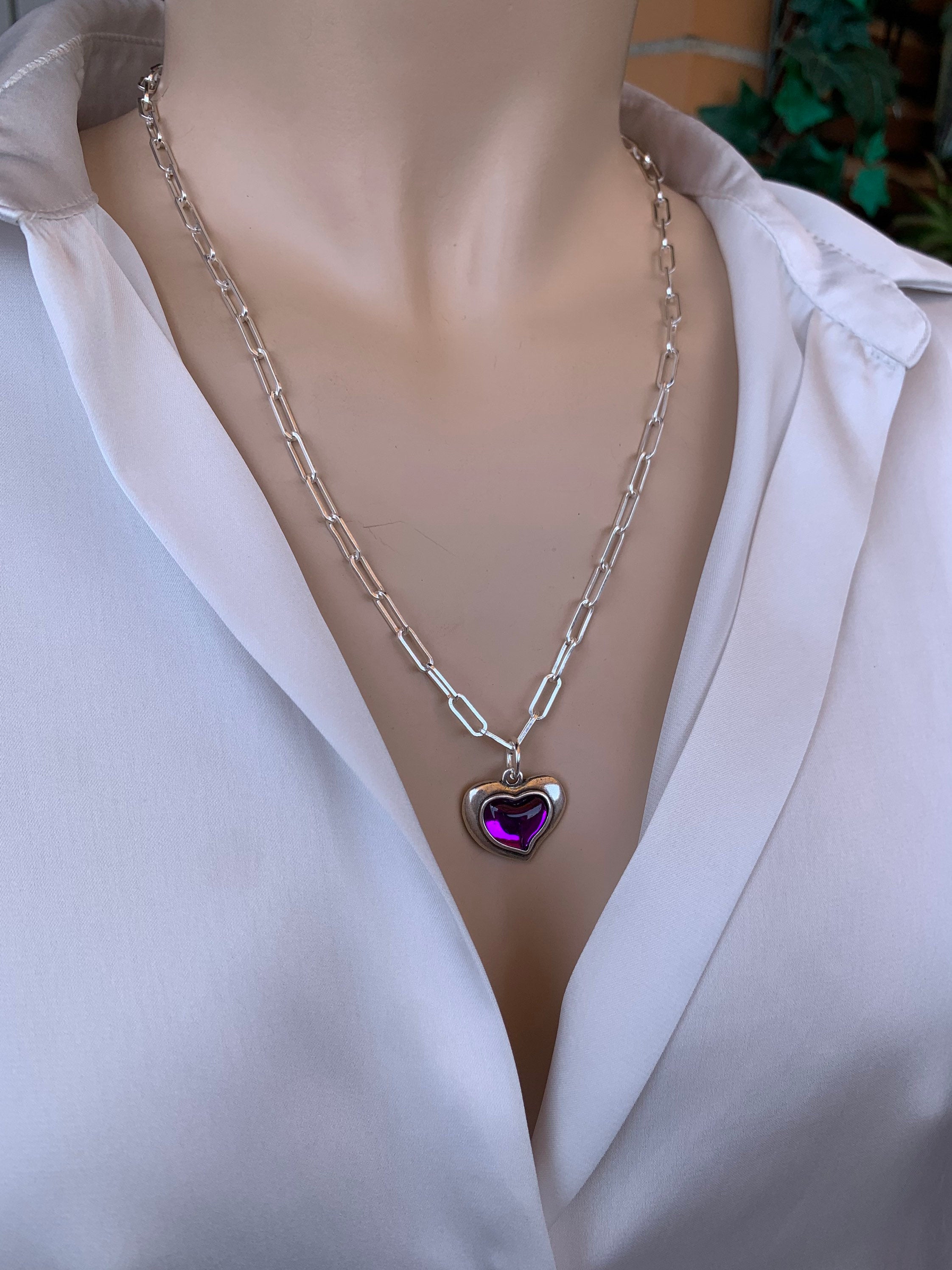 Boho silver chain heart pendant necklace, boho jewelry, delicate necklace, chain necklace, purple heart pendant necklace, statement necklace