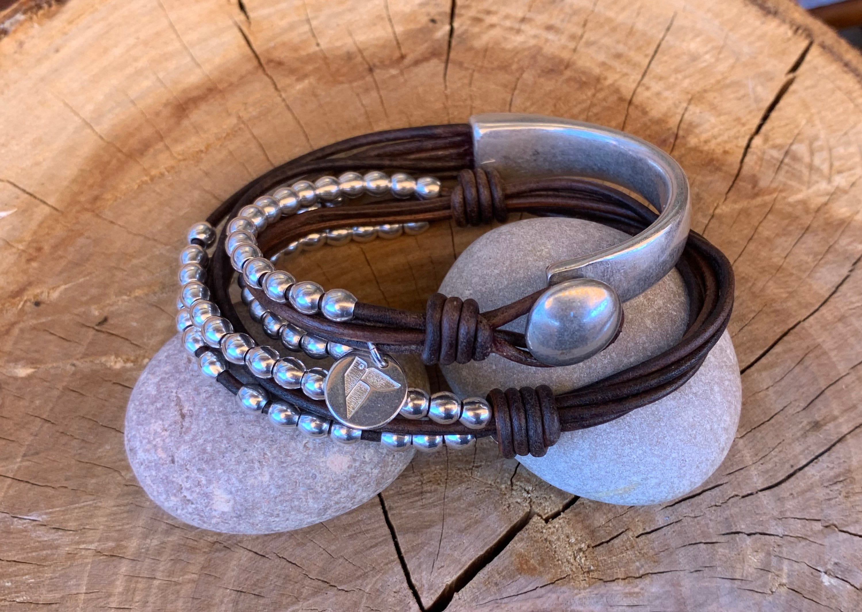 Layering silver bracelet, silver cuff bracelet for women, leather beaded bracelet, wrap silver bracelet, chunky beaded silver bracelet, gift