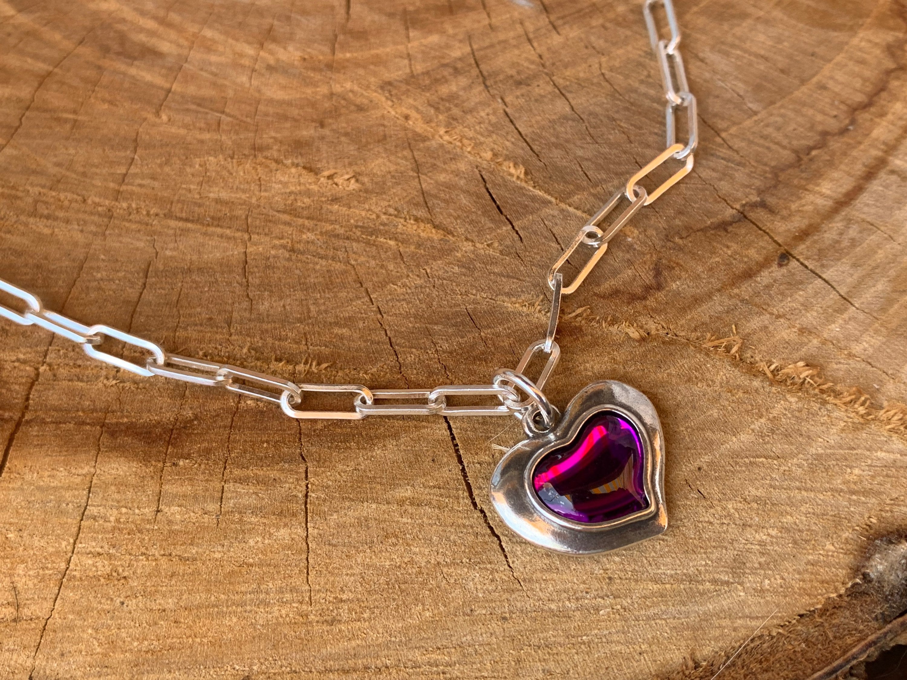 Boho silver chain heart pendant necklace, boho jewelry, delicate necklace, chain necklace, purple heart pendant necklace, statement necklace