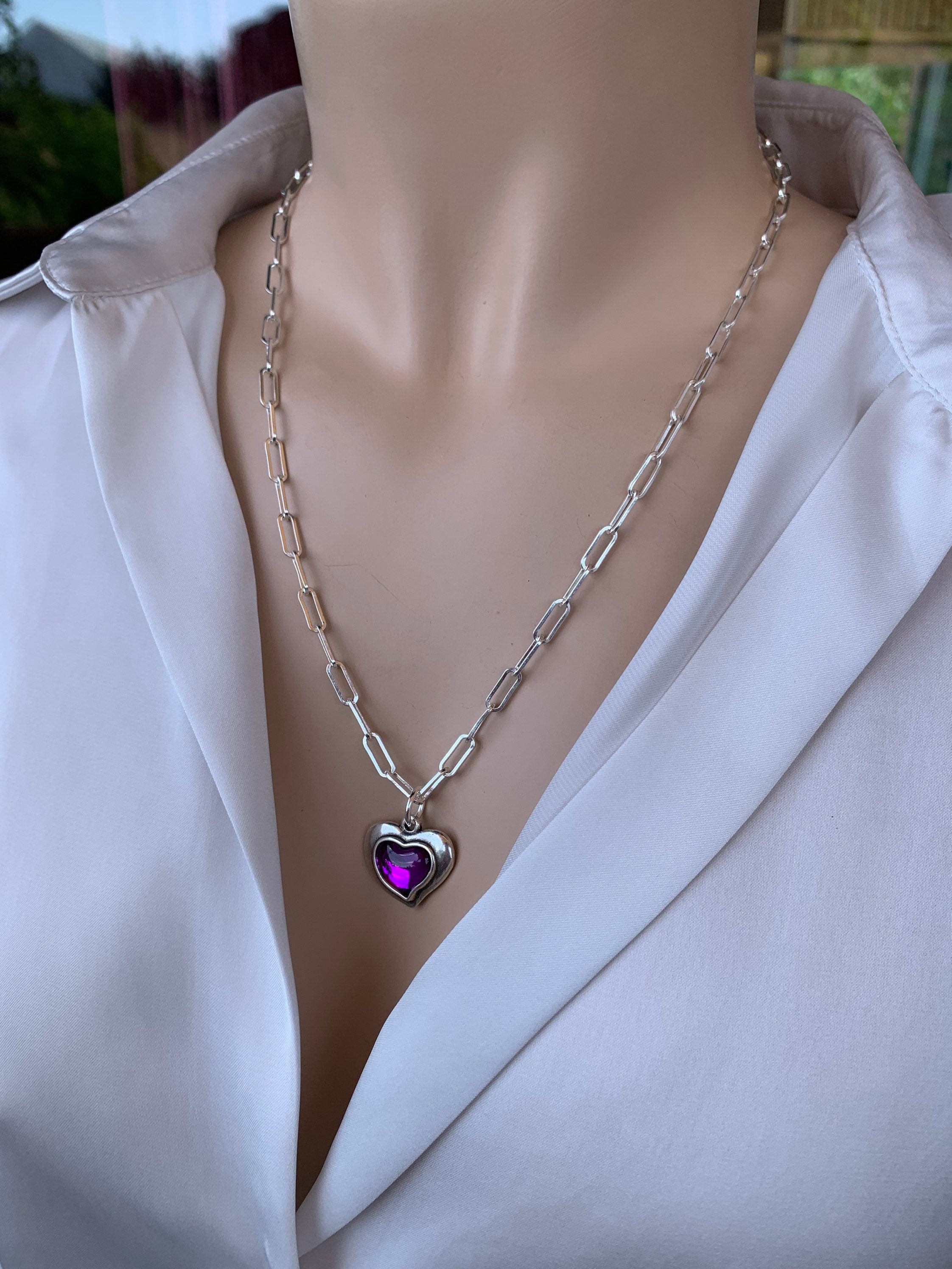 Boho silver chain heart pendant necklace, boho jewelry, delicate necklace, chain necklace, purple heart pendant necklace, statement necklace