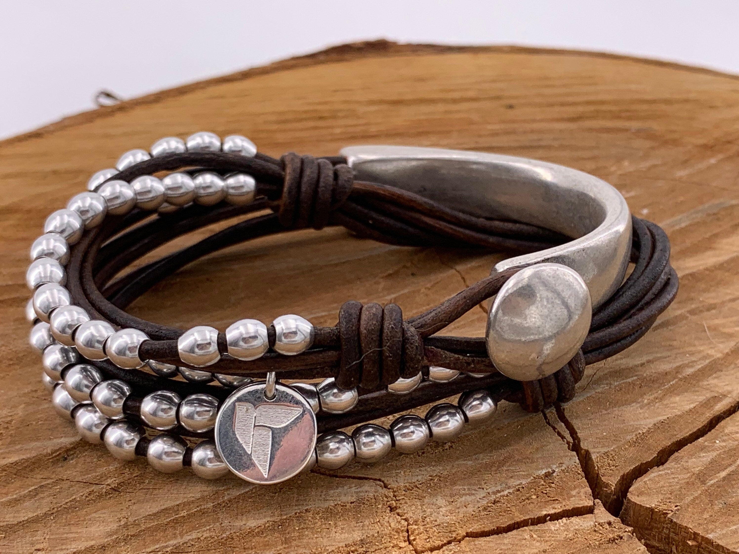 Layering silver bracelet, silver cuff bracelet for women, leather beaded bracelet, wrap silver bracelet, chunky beaded silver bracelet, gift