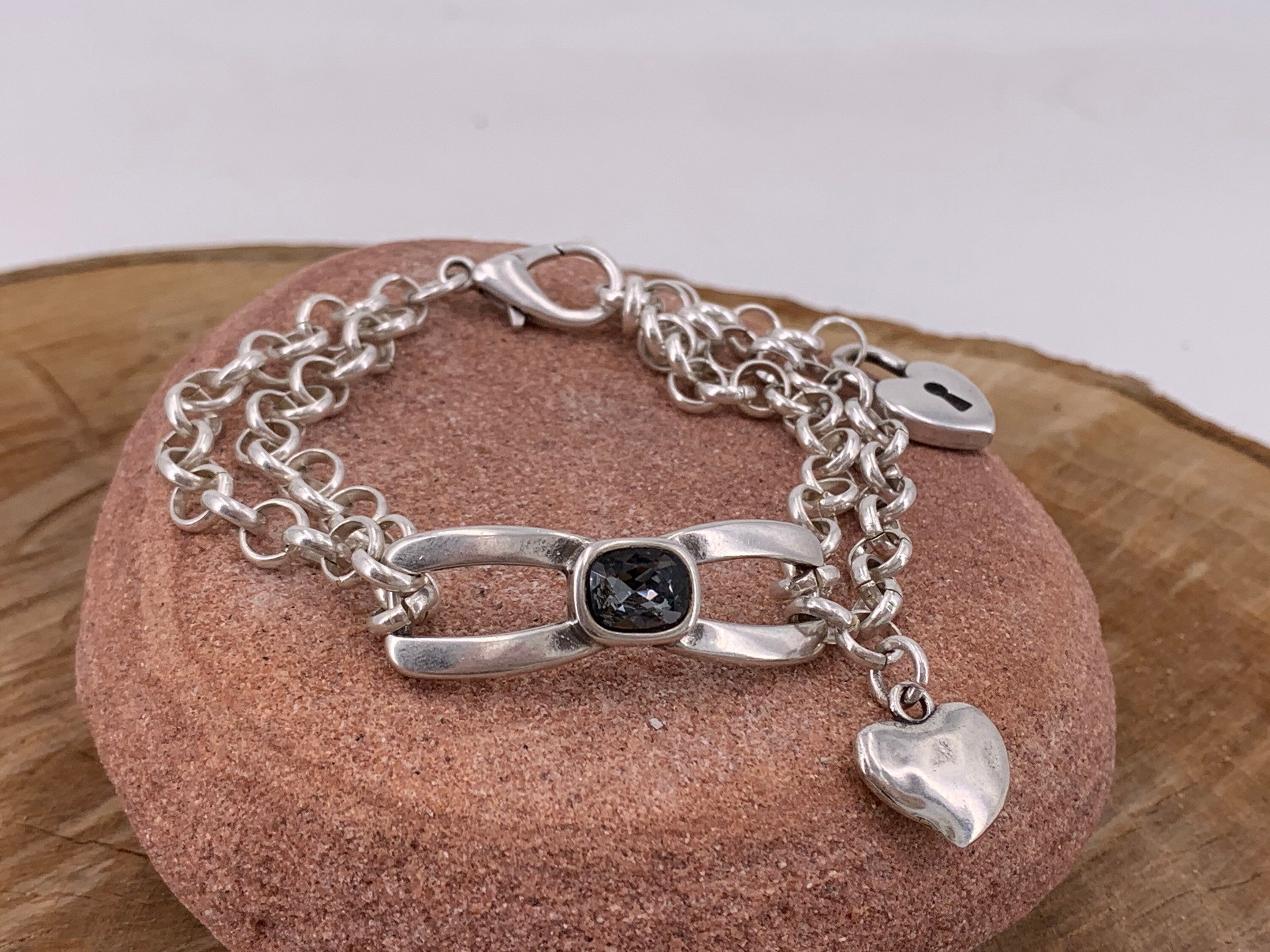 Pulsera de cadena de plata, pulsera de declaración de doble cadena, pulsera Swarovski de cadena de plata, pulsera gruesa, pulsera de roca,