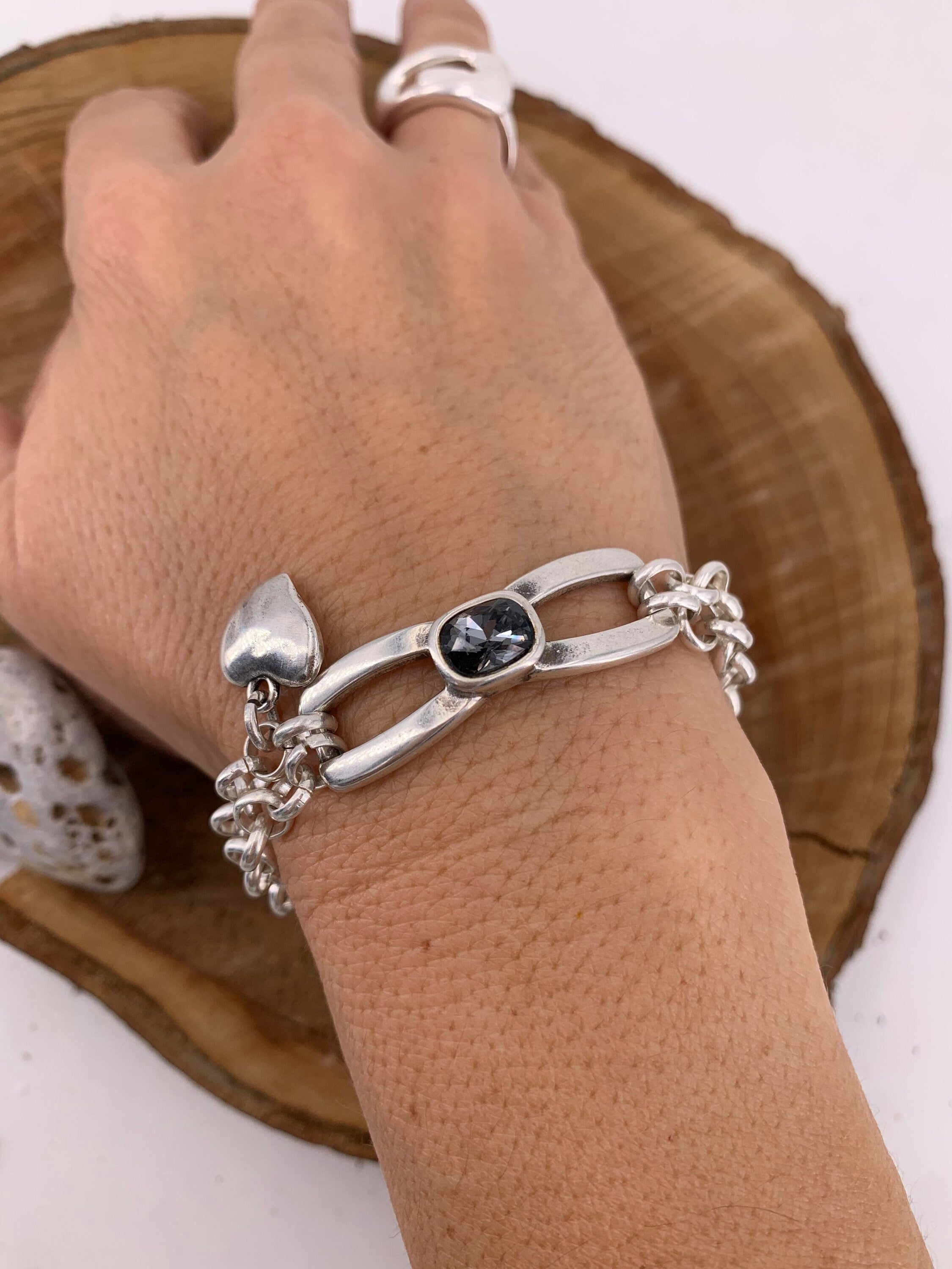 Silver chain bracelet, doble chain statement bracelet, silver chain Swarovski bracelet, chunky bracelet, rock bracelet,